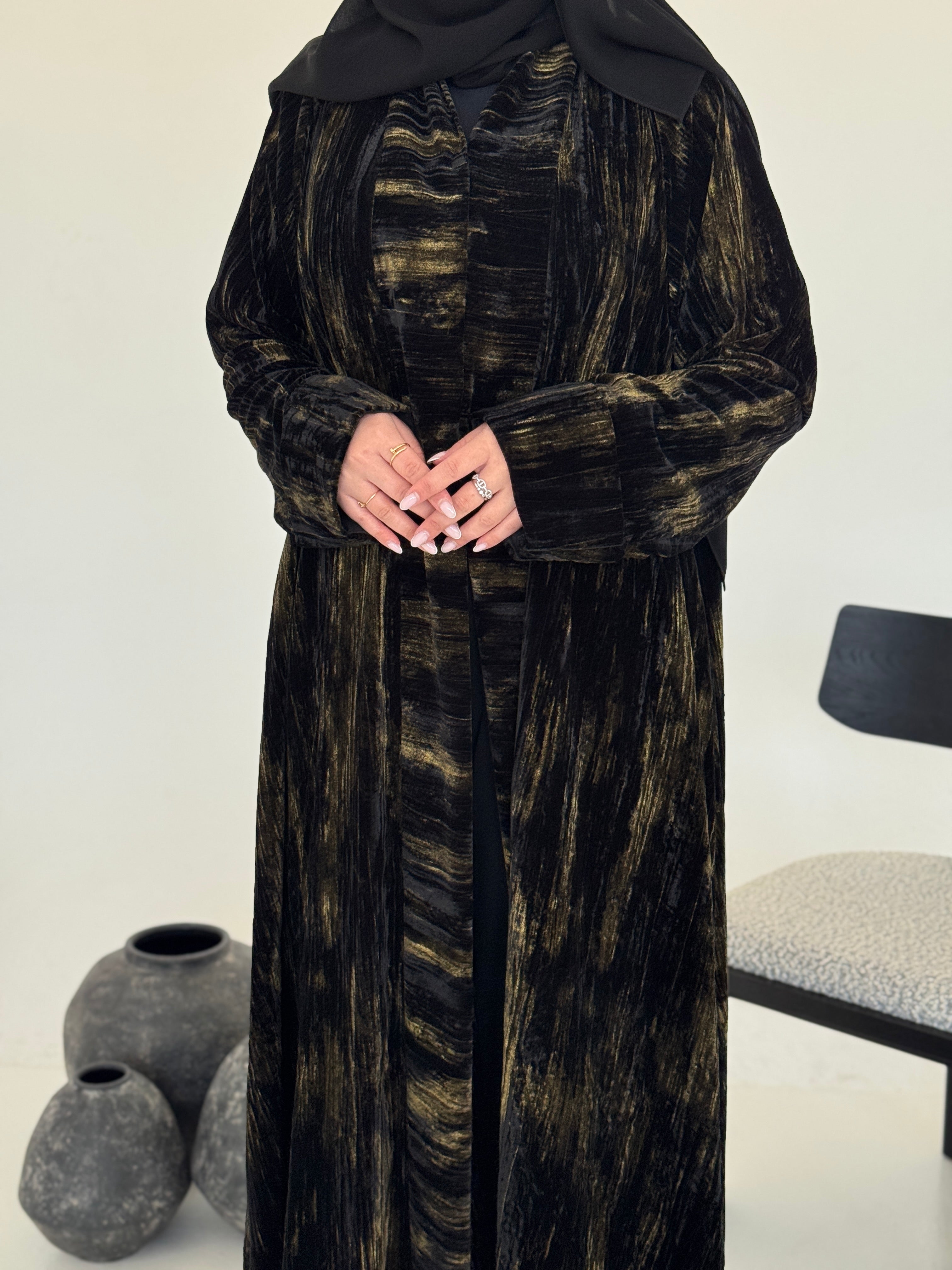FAB234- Black & Gold Marble Velvet A-Cut Abaya
