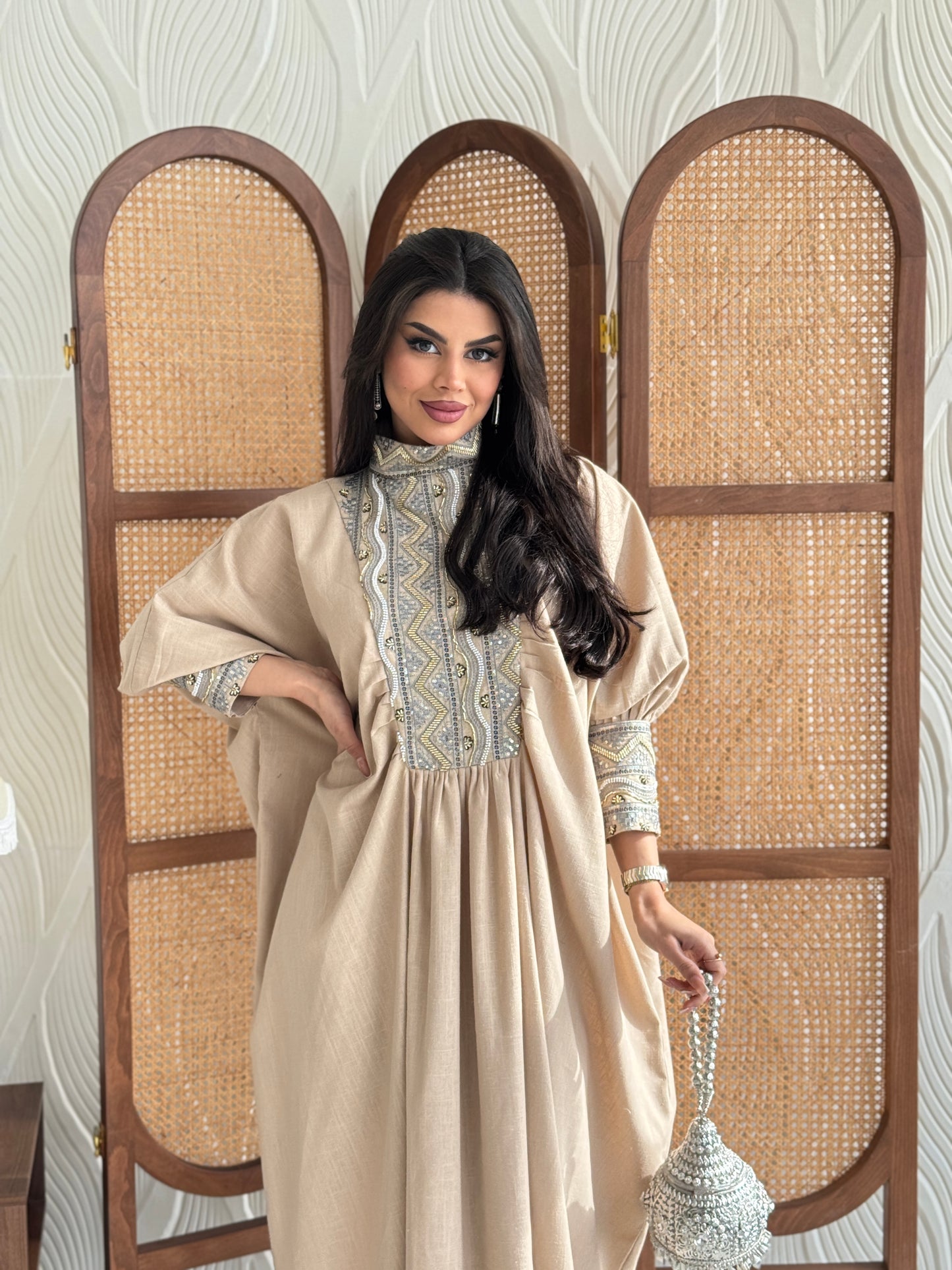 FAB281-Luxurious Beige pure linen high neck jalabiya with full beaded silver embroidery