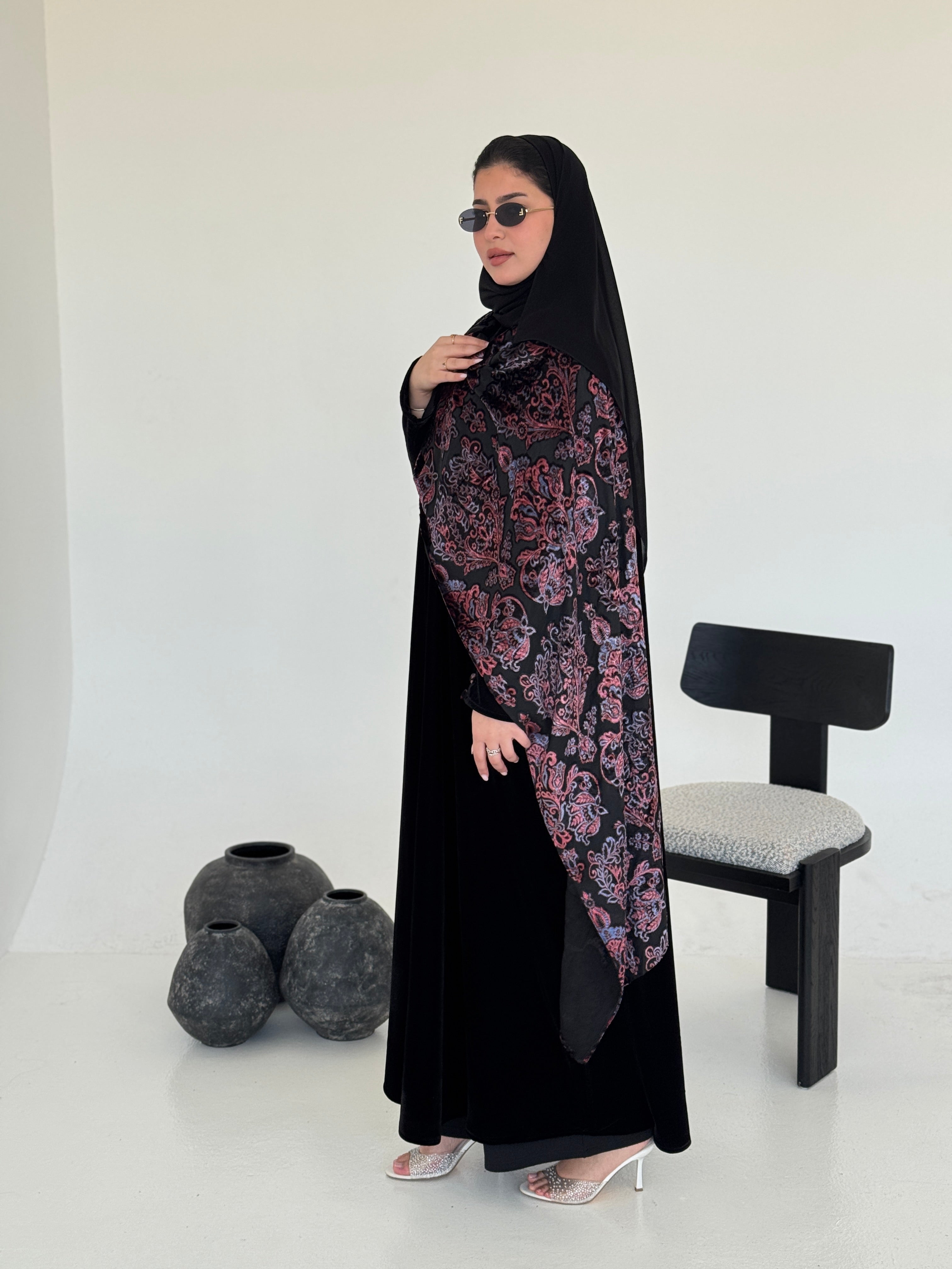 FAB229- Black Velvet Abaya with Maroon Velvet Chiffon Shawl with matching headscarf
