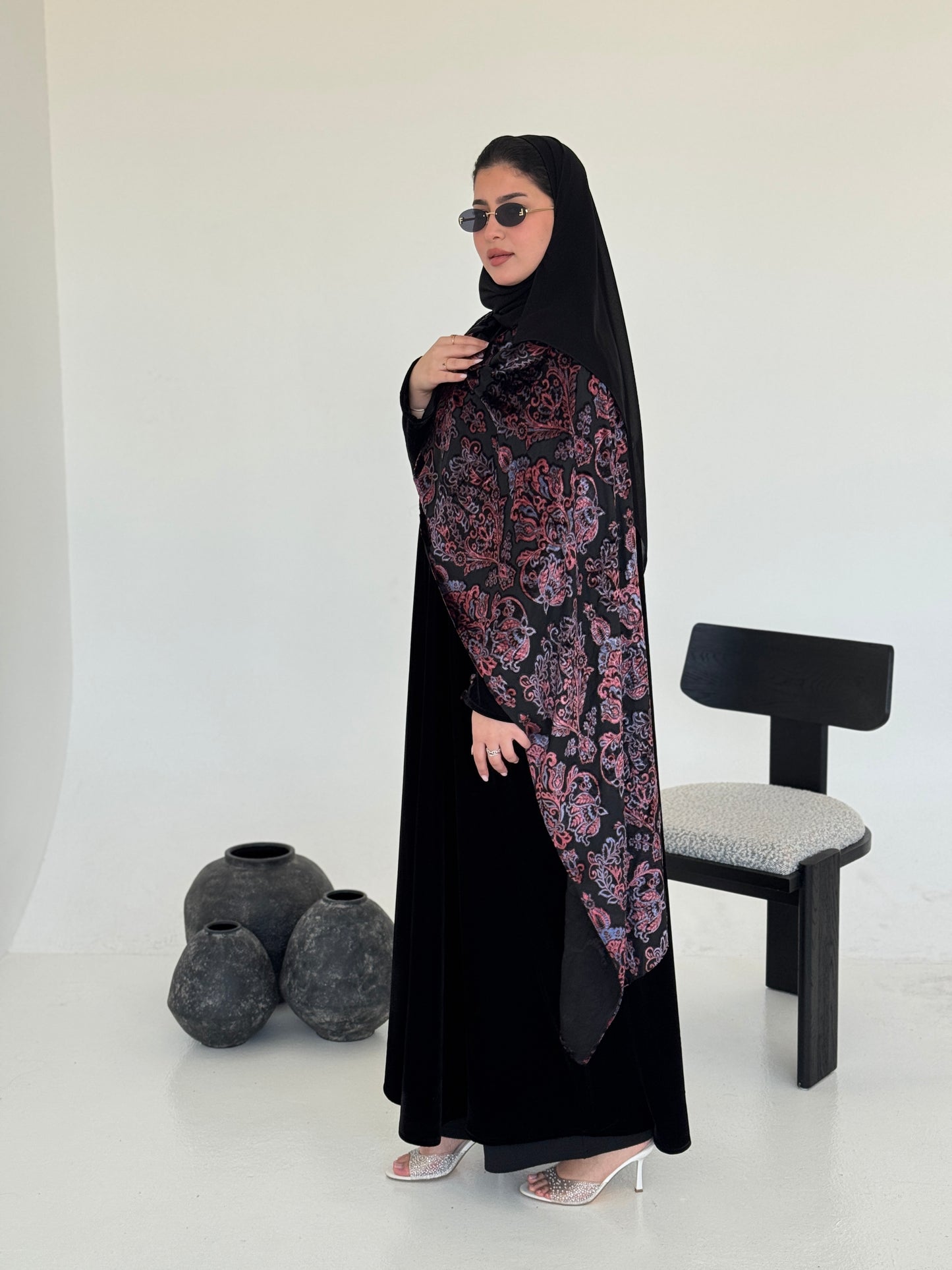 FAB229- Black Velvet Abaya with Maroon Velvet Chiffon Shawl with matching headscarf