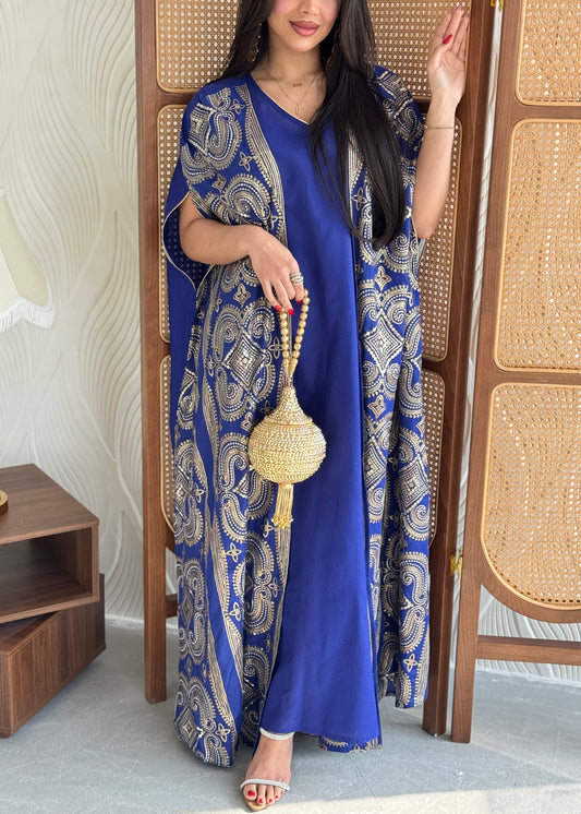 FAB275-Blue Two-Piece Linen Bisht Set, Detailed with Elegant Gold Embroidery