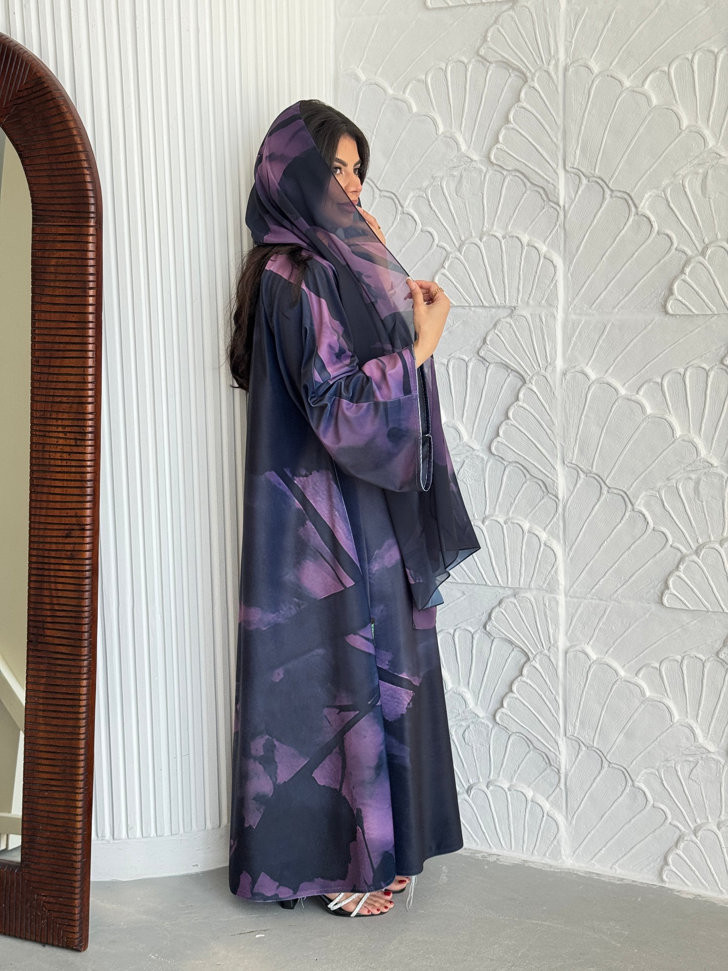FAB243-Purple Patterned Printed Velvet A-Cut Abaya Set