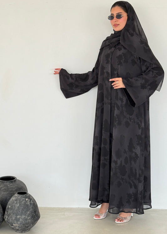 FAB214- Black Printed A-Cut Shiffon Abaya Set
