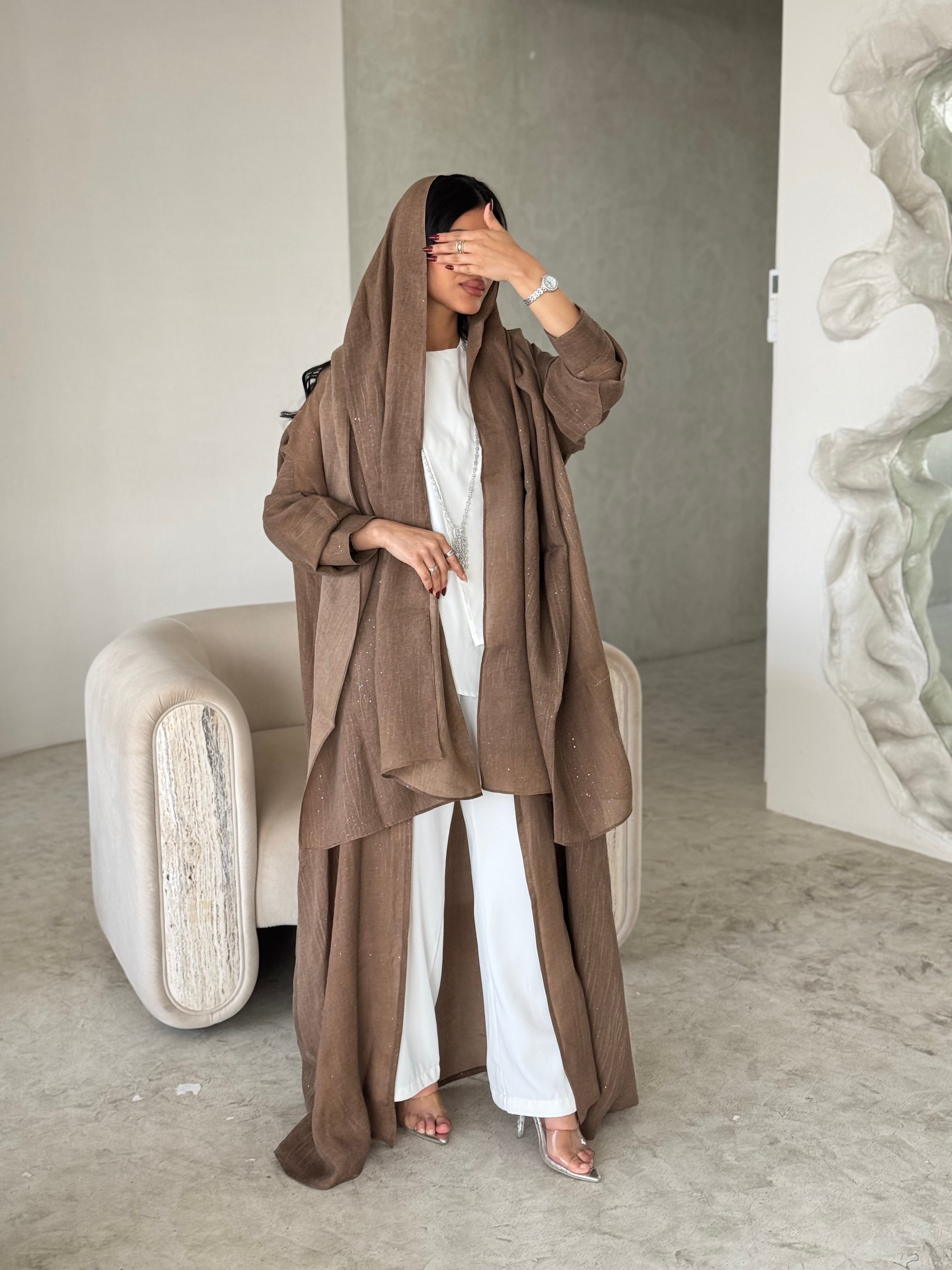 FAB170- Camel Linen Glitter A-Cut Abaya