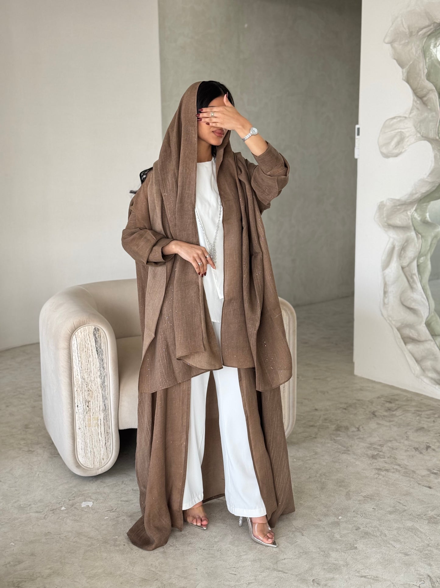 FAB170- Camel Linen Glitter A-Cut Abaya