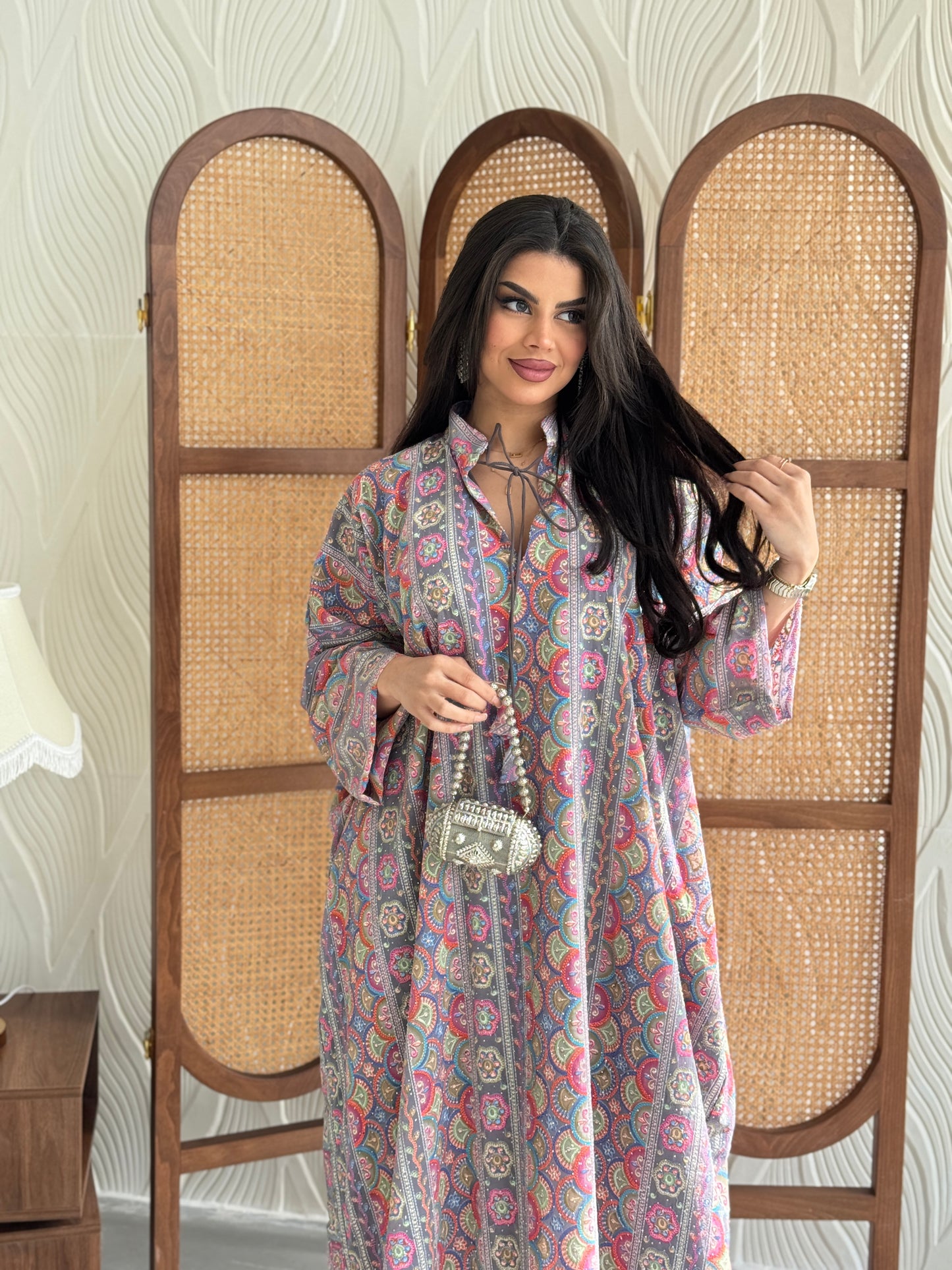 FAB280-Greyish Pink free size colorful crystals chiffon jalabiya and tie-neck detail