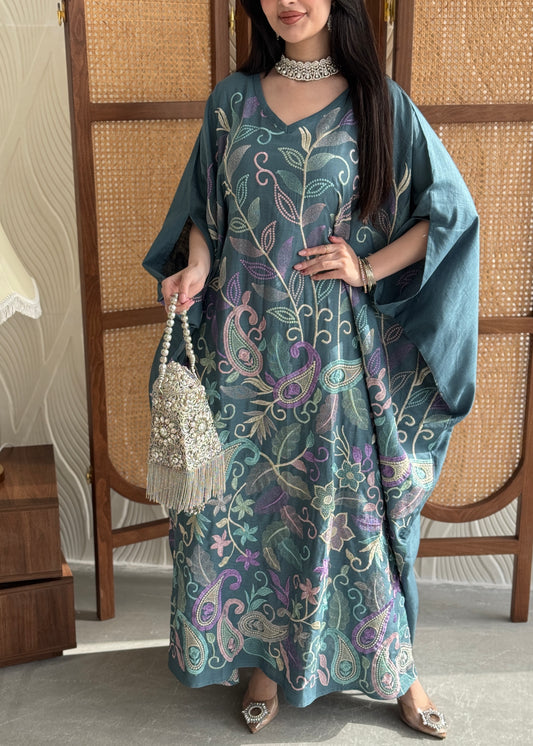 FAB263-Teal Blue Linen free-size jalabiya with elegant multicolor embroidery