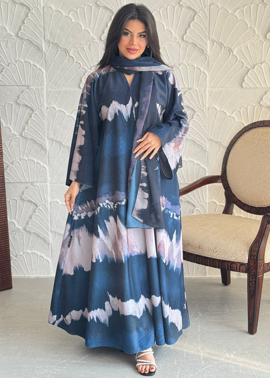 FAB239- Blue Patterned Printed Velvet A-Cut Abaya Set