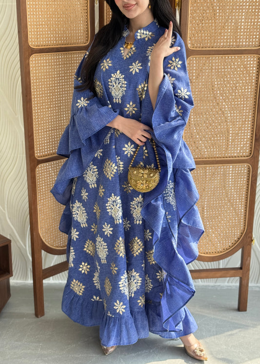 FAB273-Blue Linen Embroidered Butterfly-Cut Jalabiya with Ruffled Sleeves