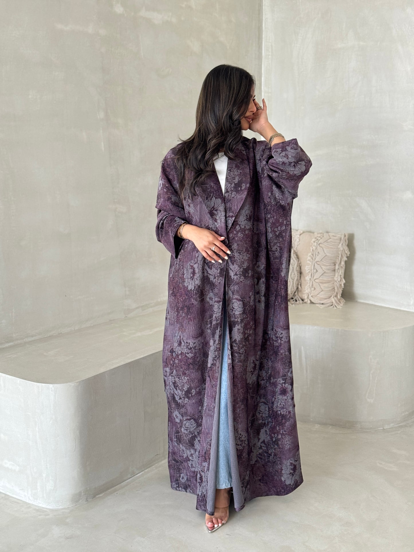 FAB200-Purple Pleats Half-Bisht Summer Abaya with matching headscarf