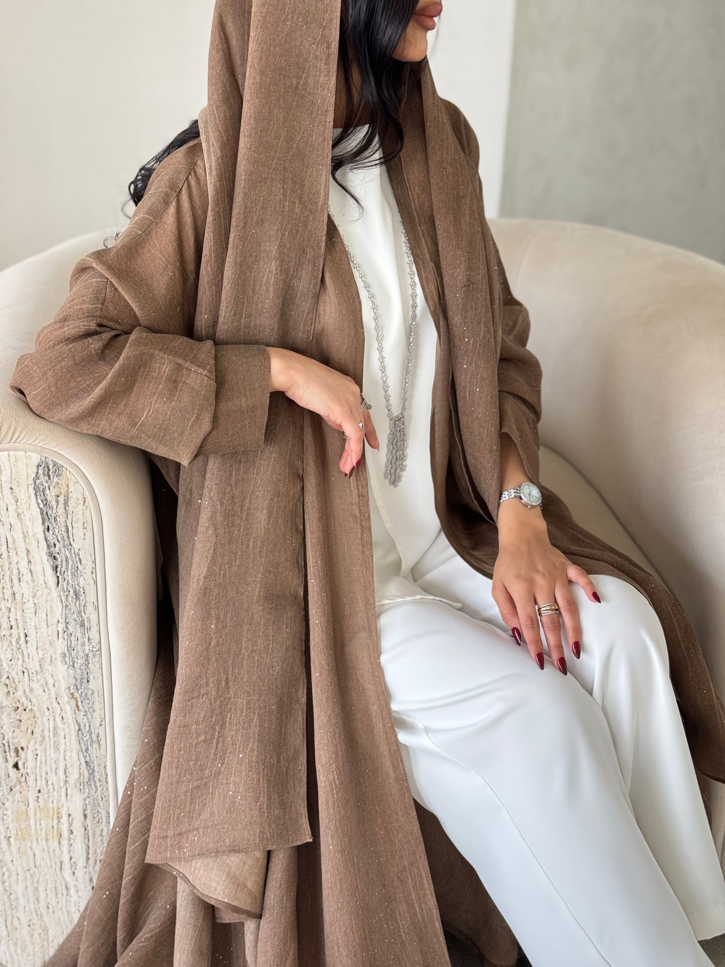 FAB170- Camel Linen Glitter A-Cut Abaya
