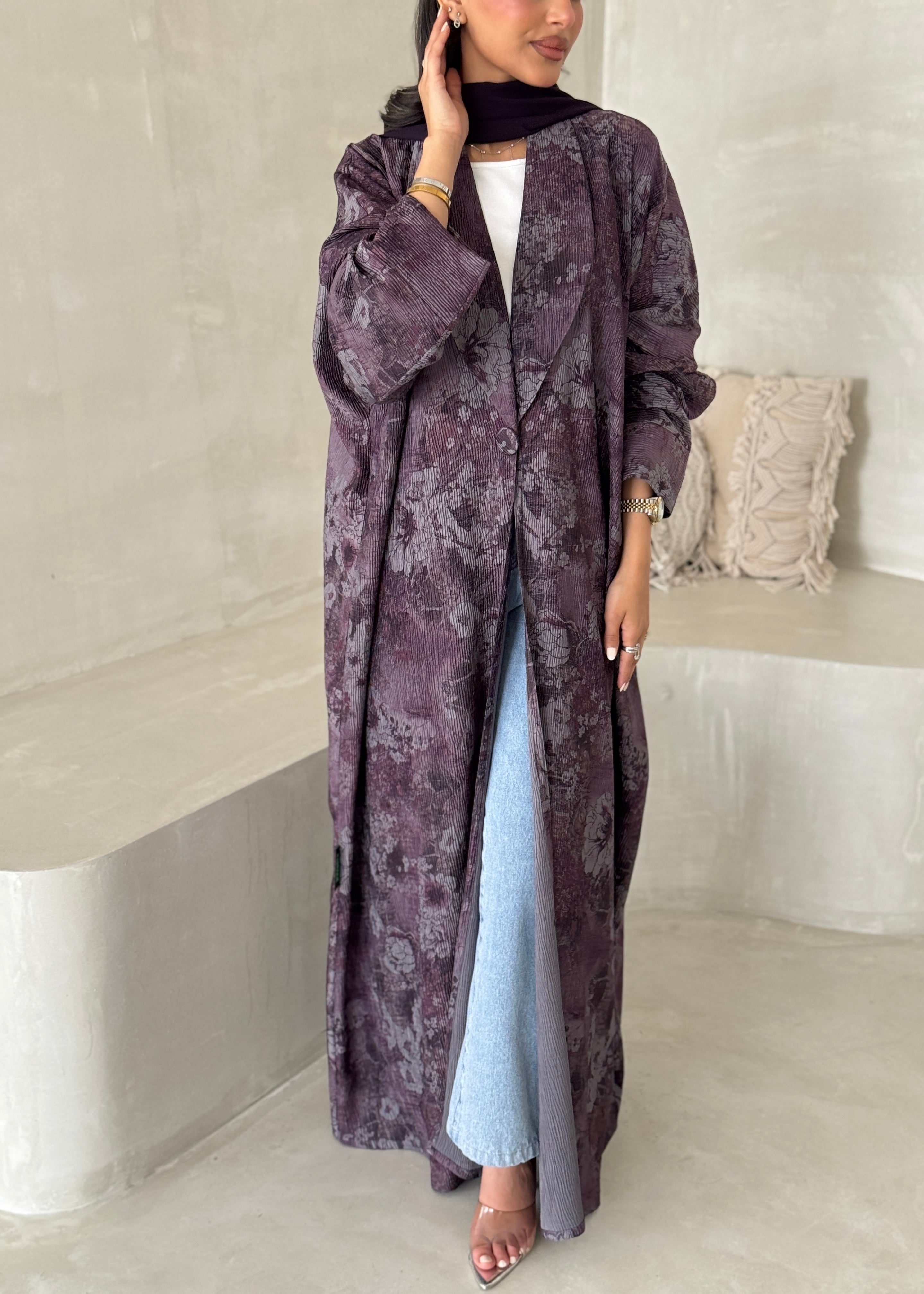 FAB200-Purple Pleats Half-Bisht Summer Abaya with matching headscarf