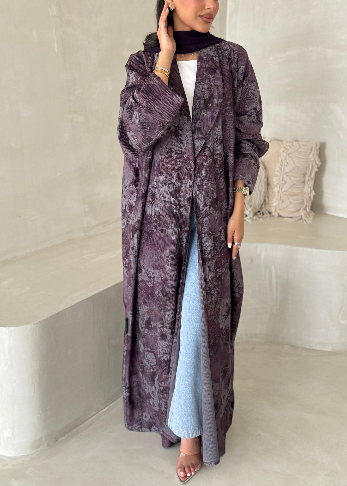 FAB200-Purple Pleats Half-Bisht Summer Abaya with matching headscarf