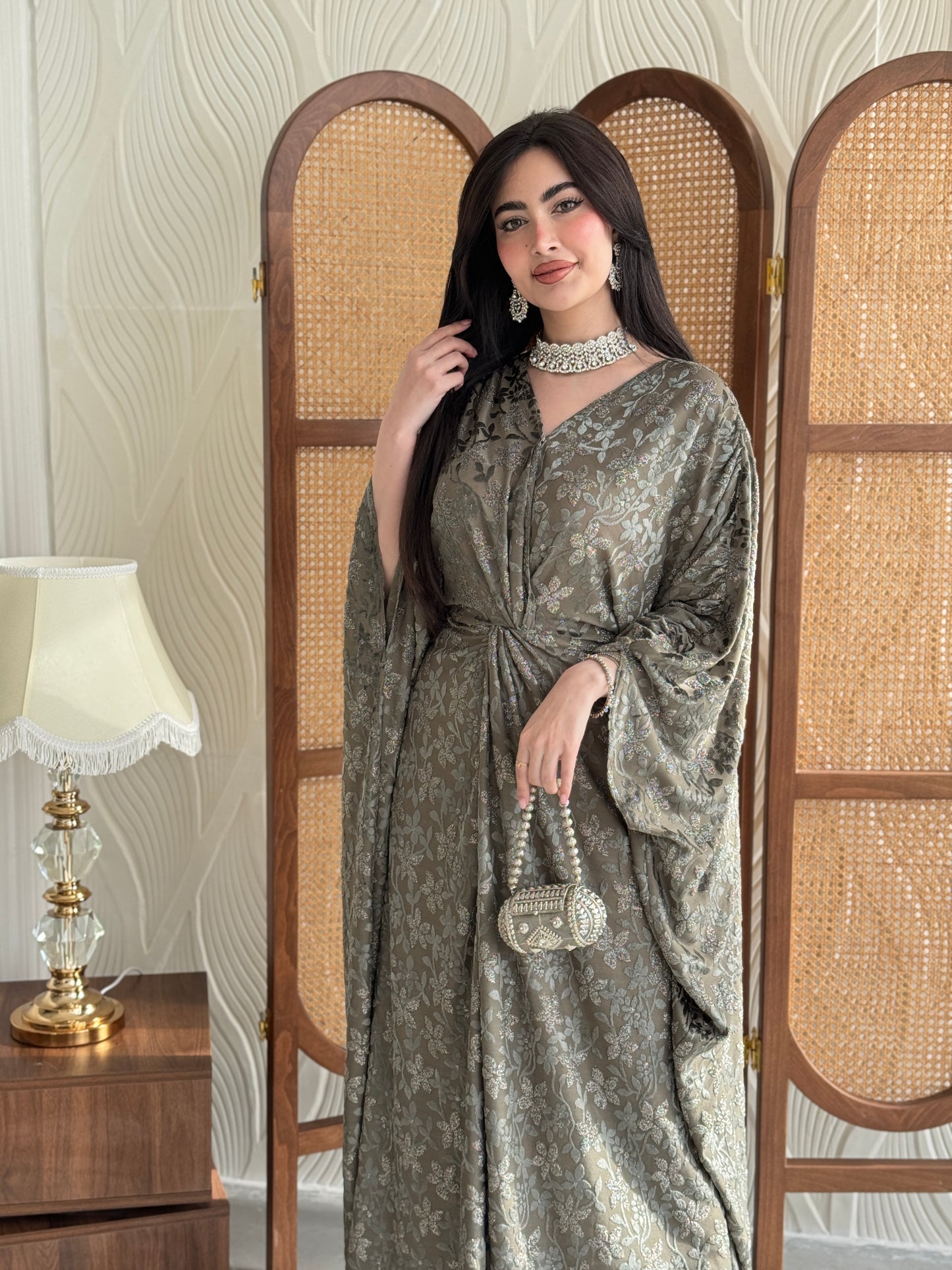 FAB259- Bronze Olive wrap jalabiya with velvet floral shimmer