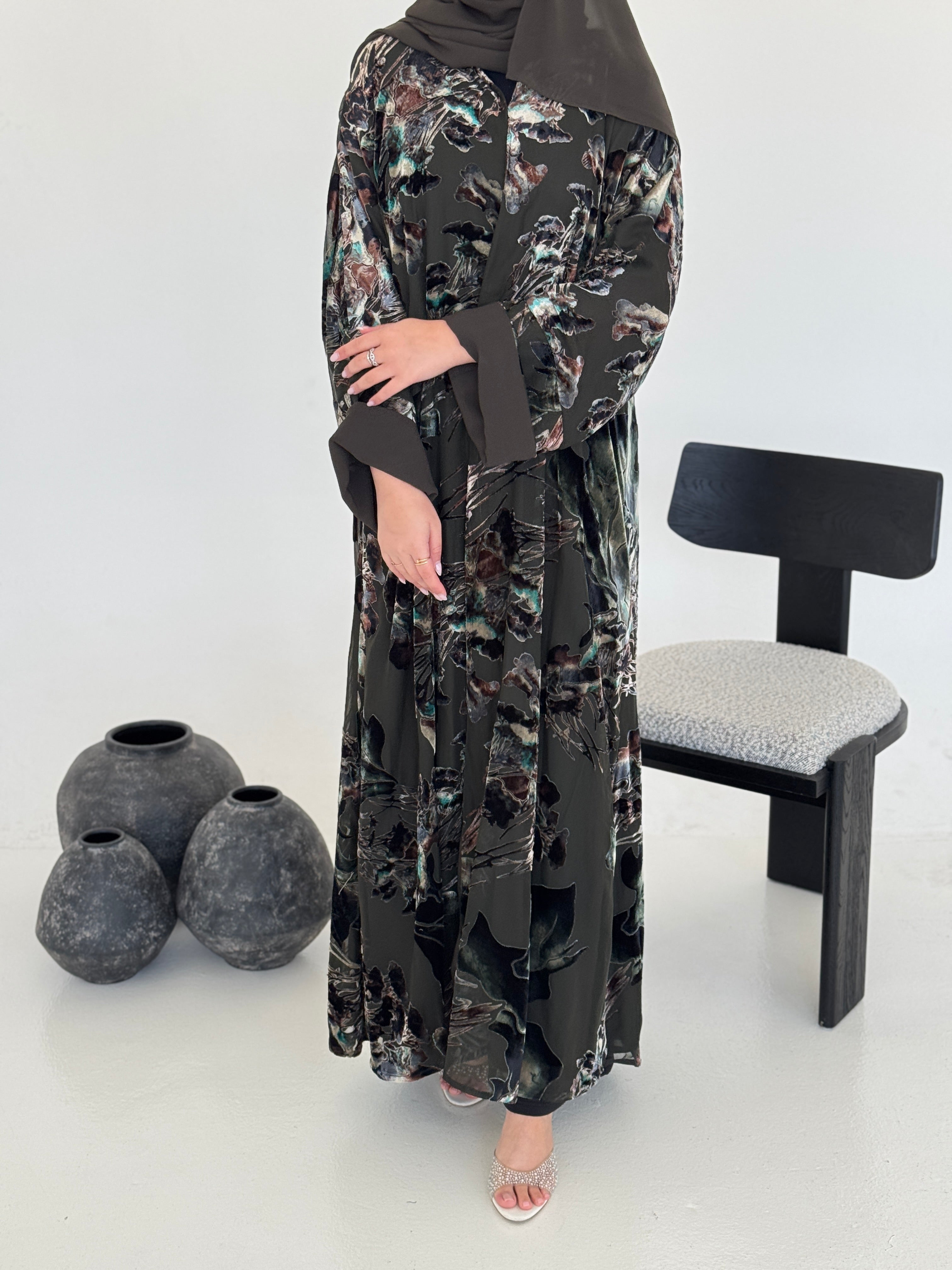 FAB232- Green Chiffon with Velvet Print Abaya with headscarf