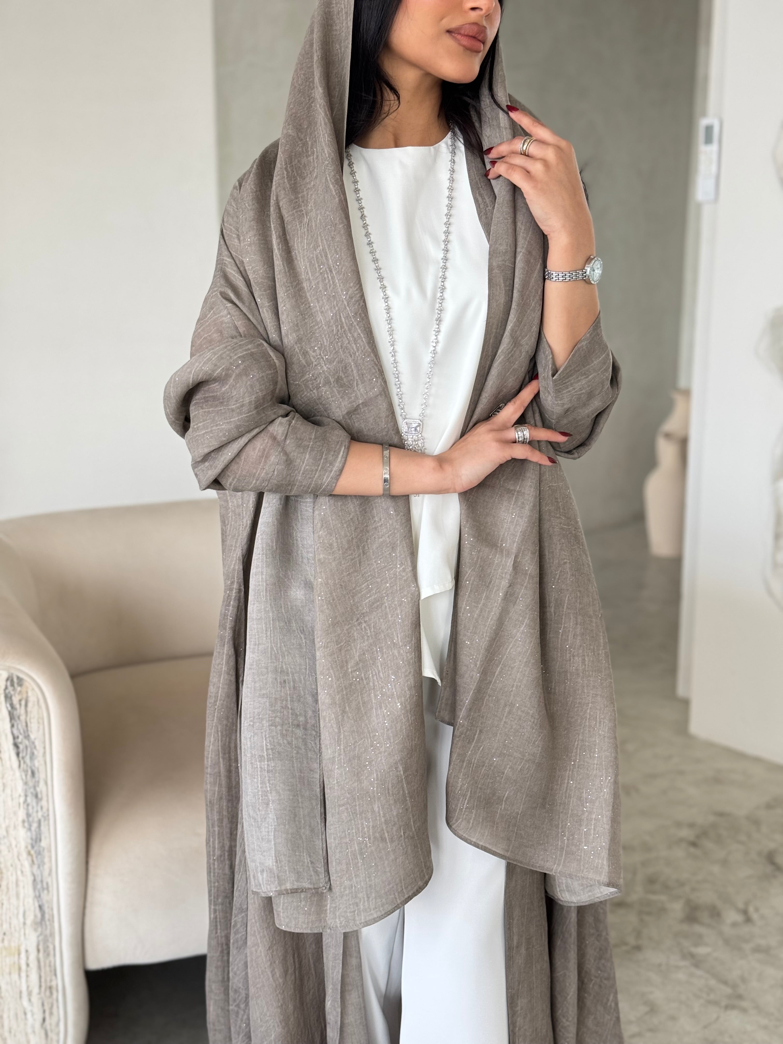FAB168- Beige Linen Glitter A-Cut Abaya