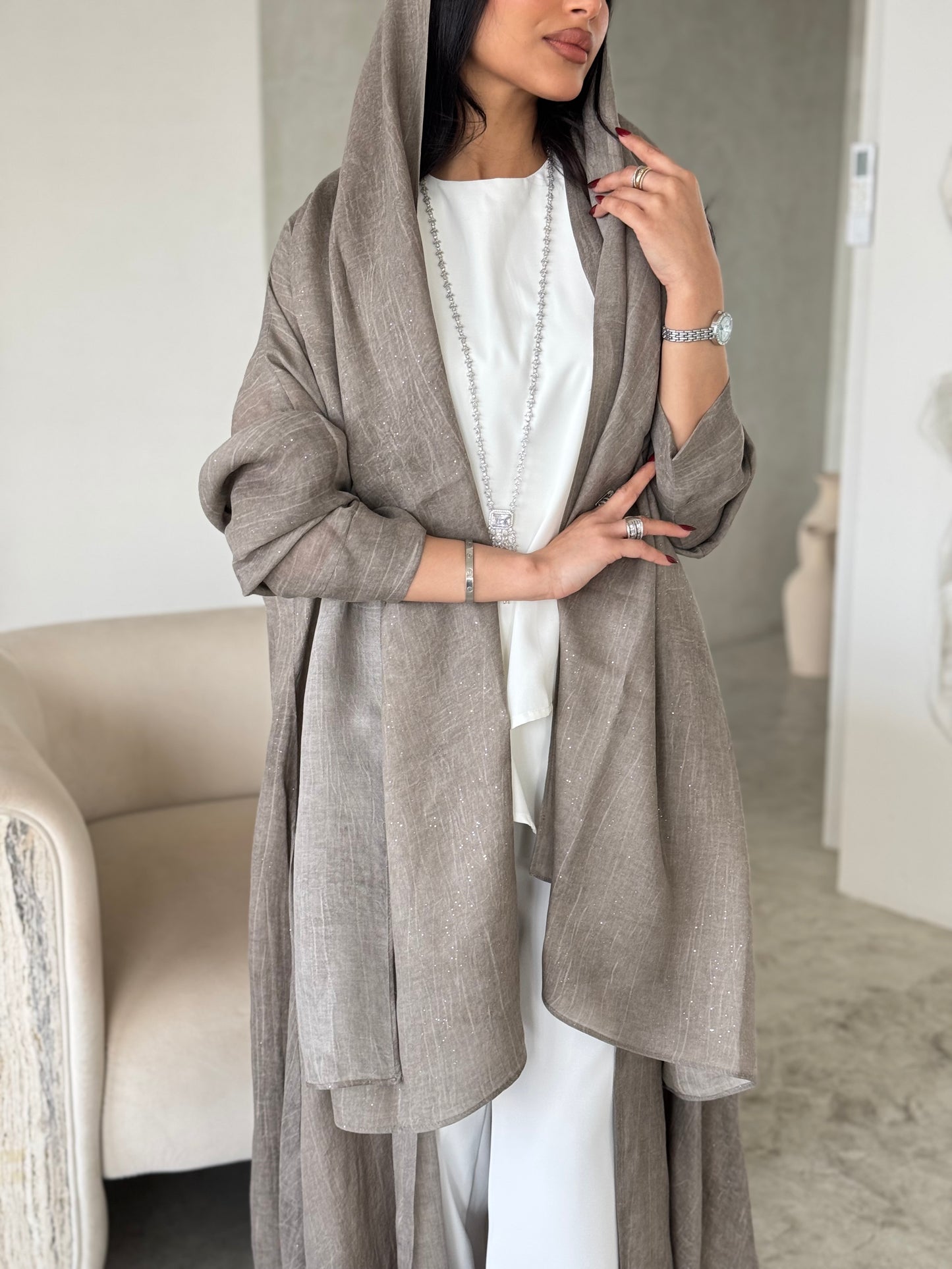 FAB168- Beige Linen Glitter A-Cut Abaya