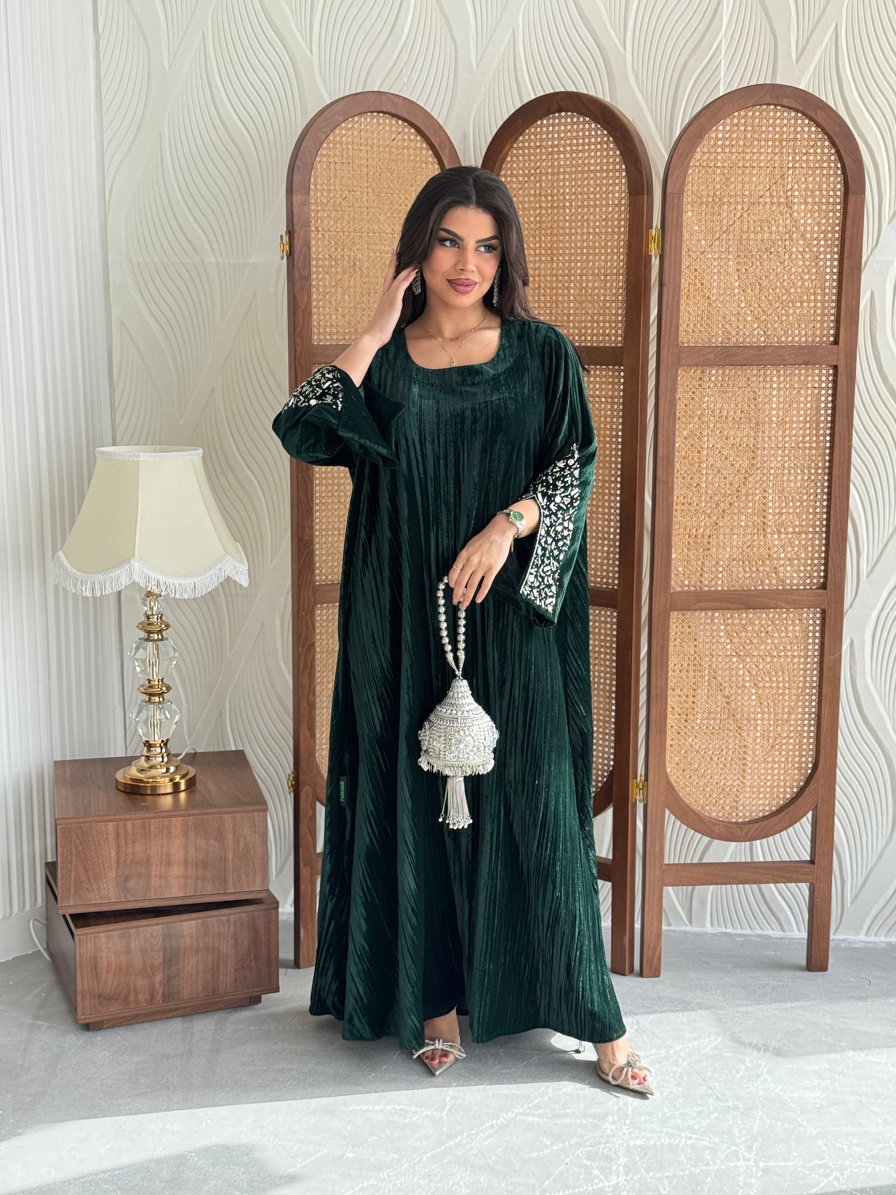 FAB251-Royal Green Velvet Crystals Embroidered A-Cut Jalabiya