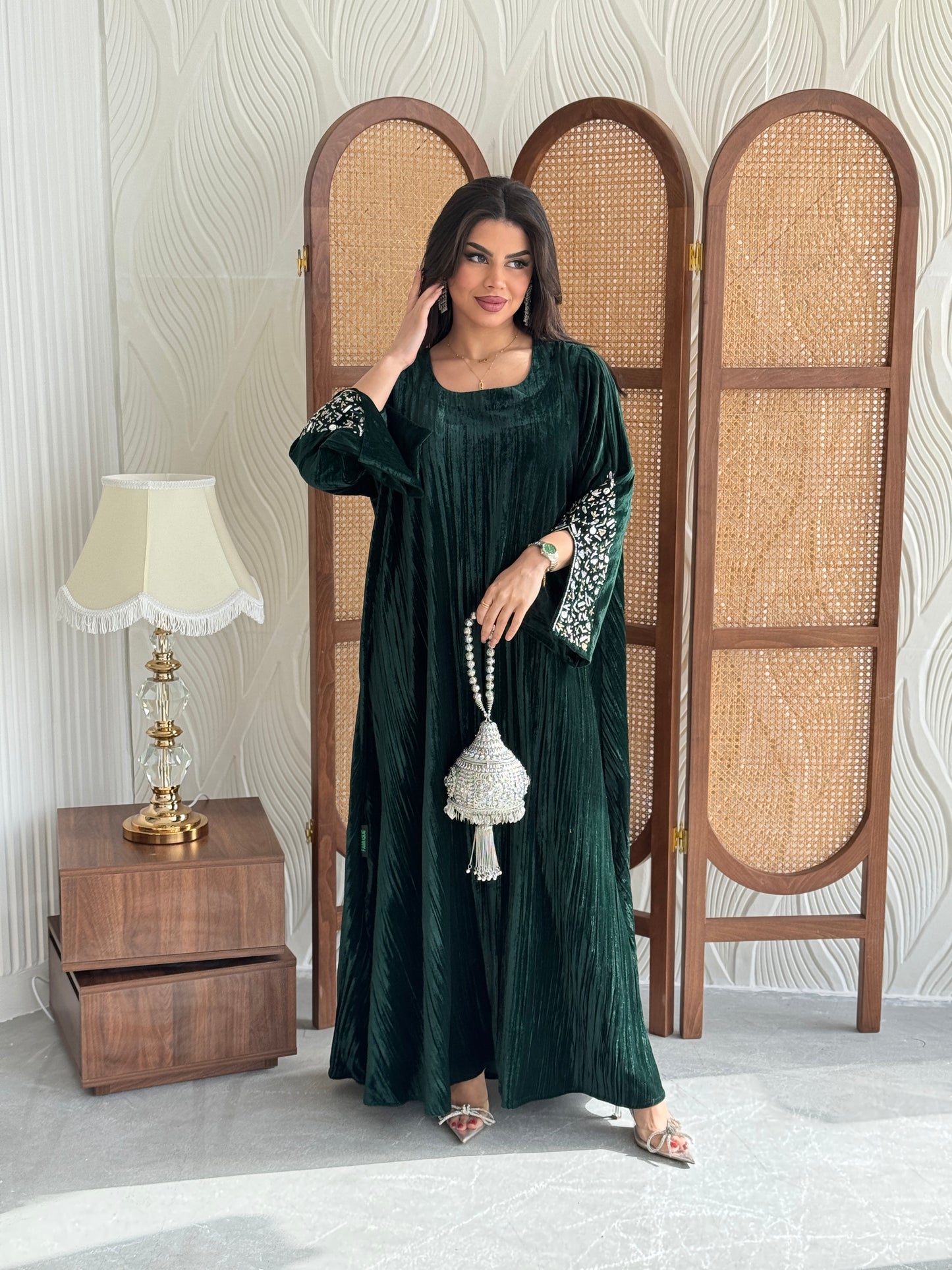 FAB251-Royal Green Velvet Crystals Embroidered A-Cut Jalabiya