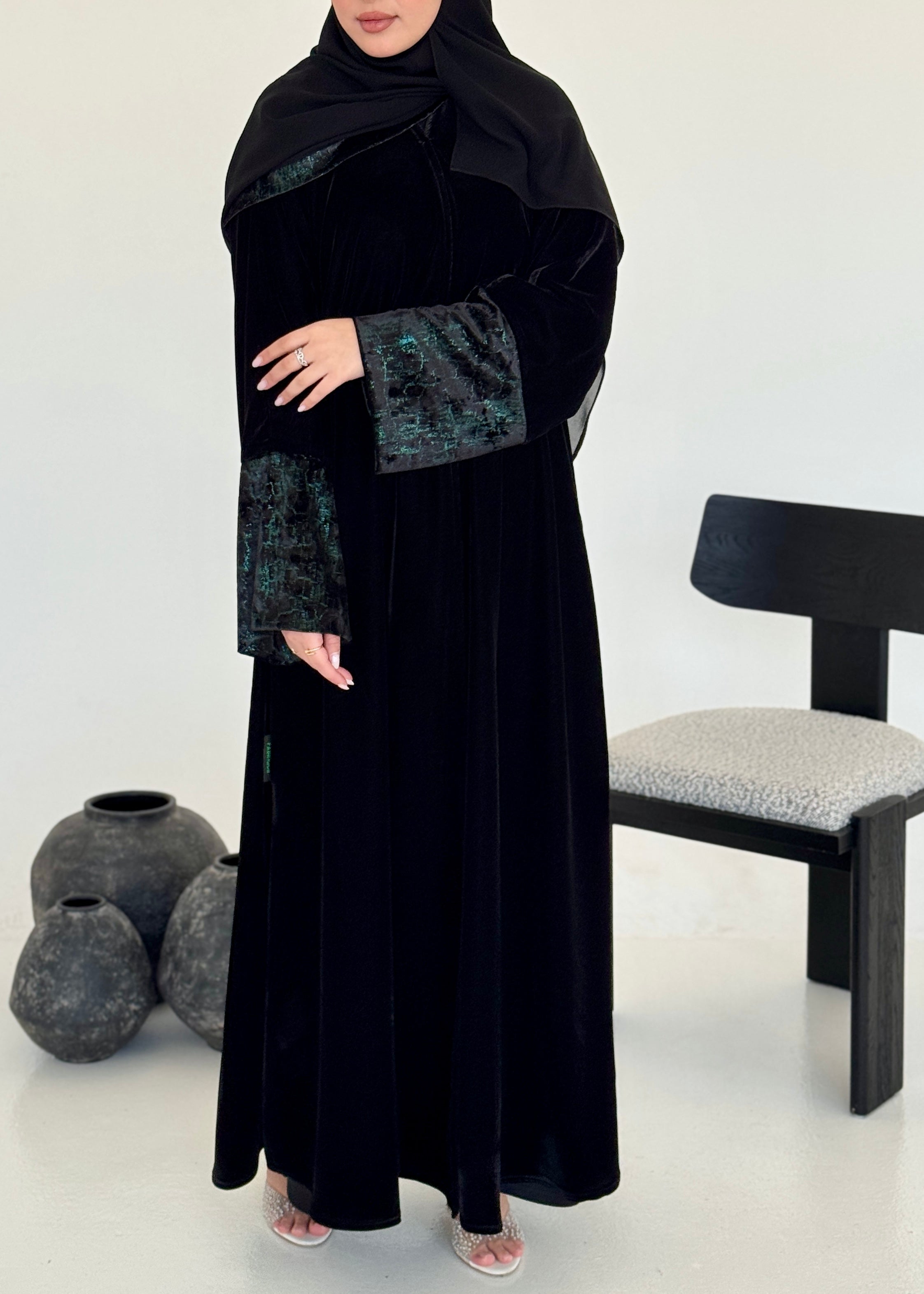 FAB246-Green Metallic Black Velvet Abaya with Metallic pipping headscarf