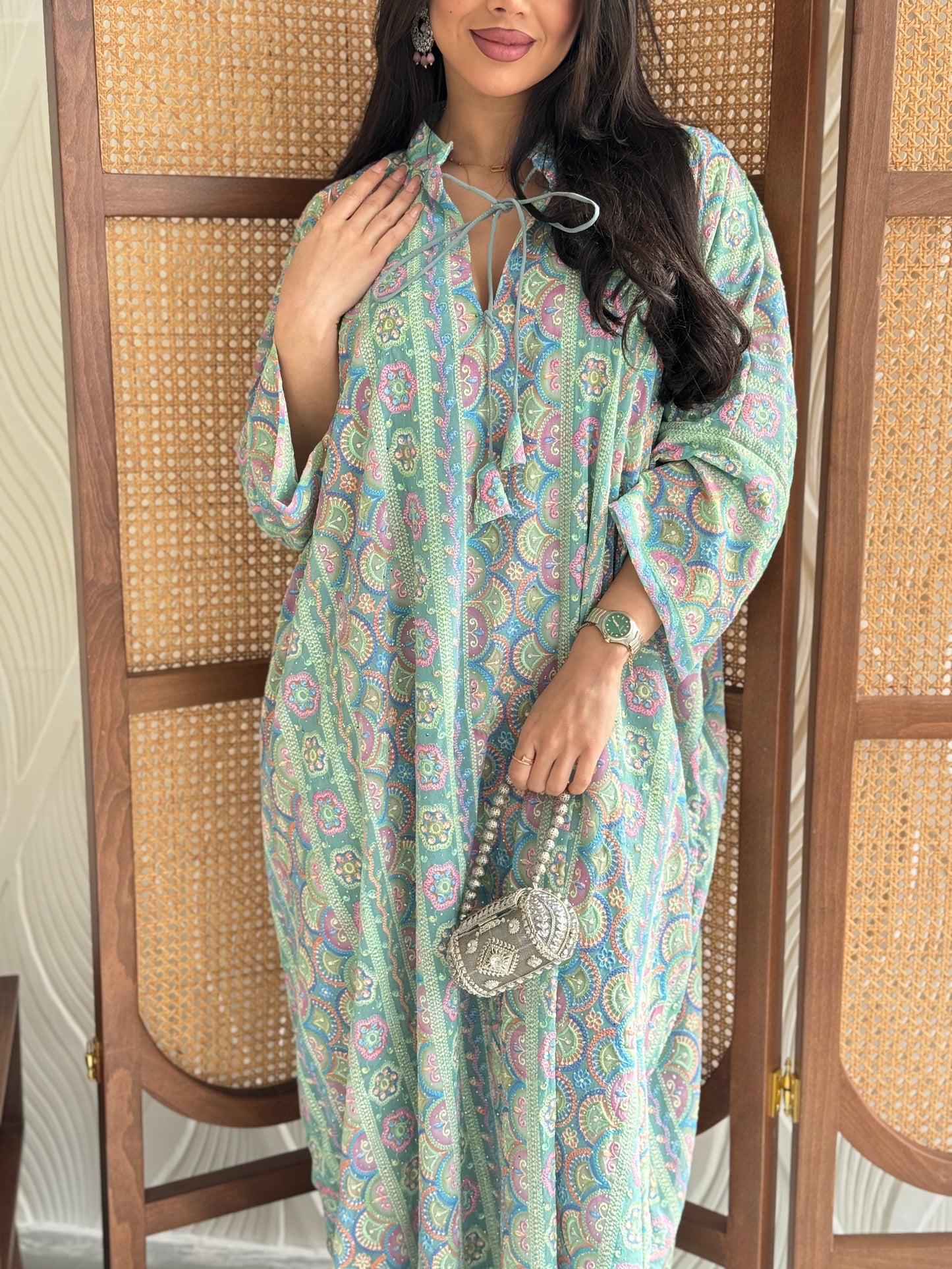 FAB279-Green free size colorful crystals chiffon jalabiya and tie-neck detail