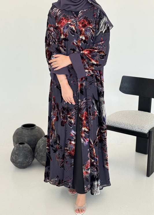 FAB233- Greyish Purple Chiffon with Velvet Print Abaya with headscarf
