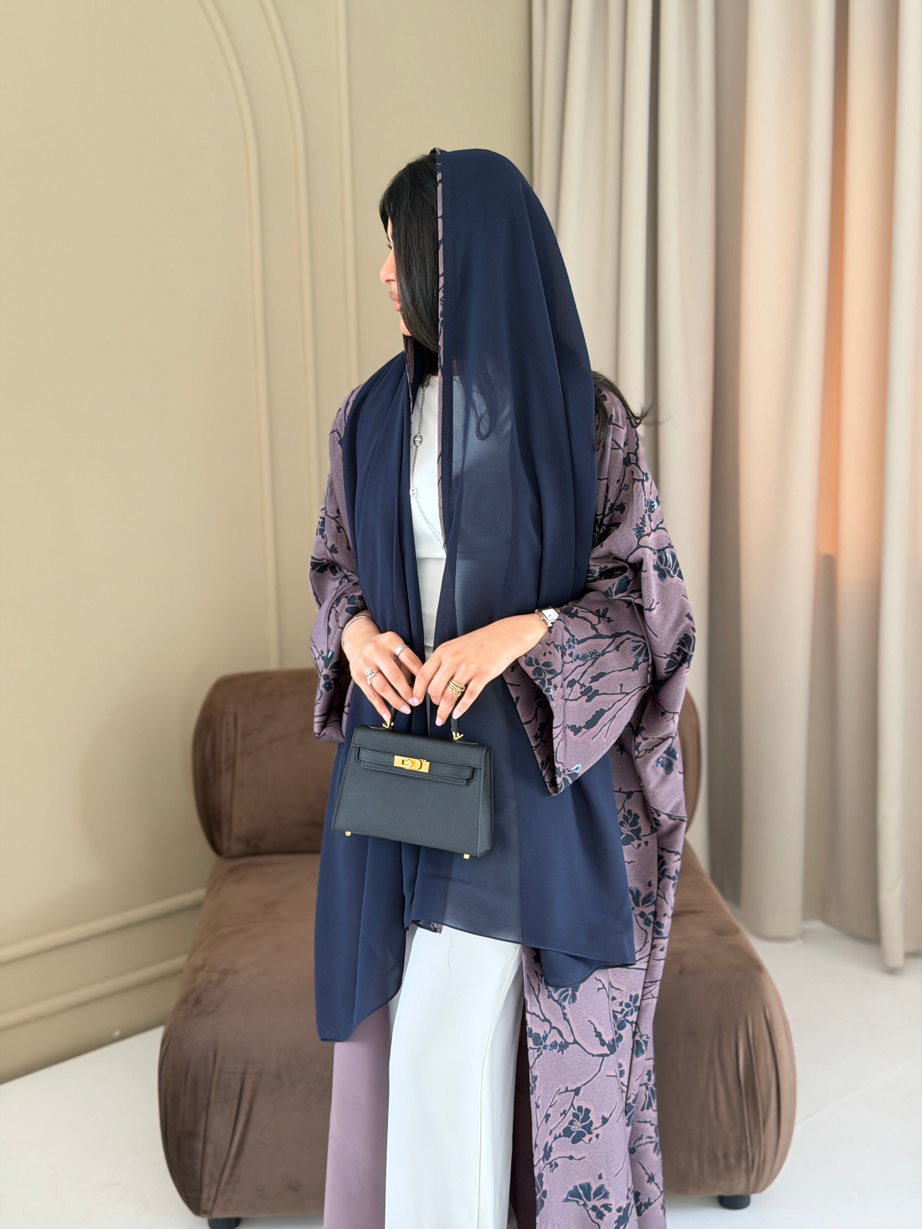 FAB284-Purple Floral Print Half Bisbt Abaya with pipping headscarf