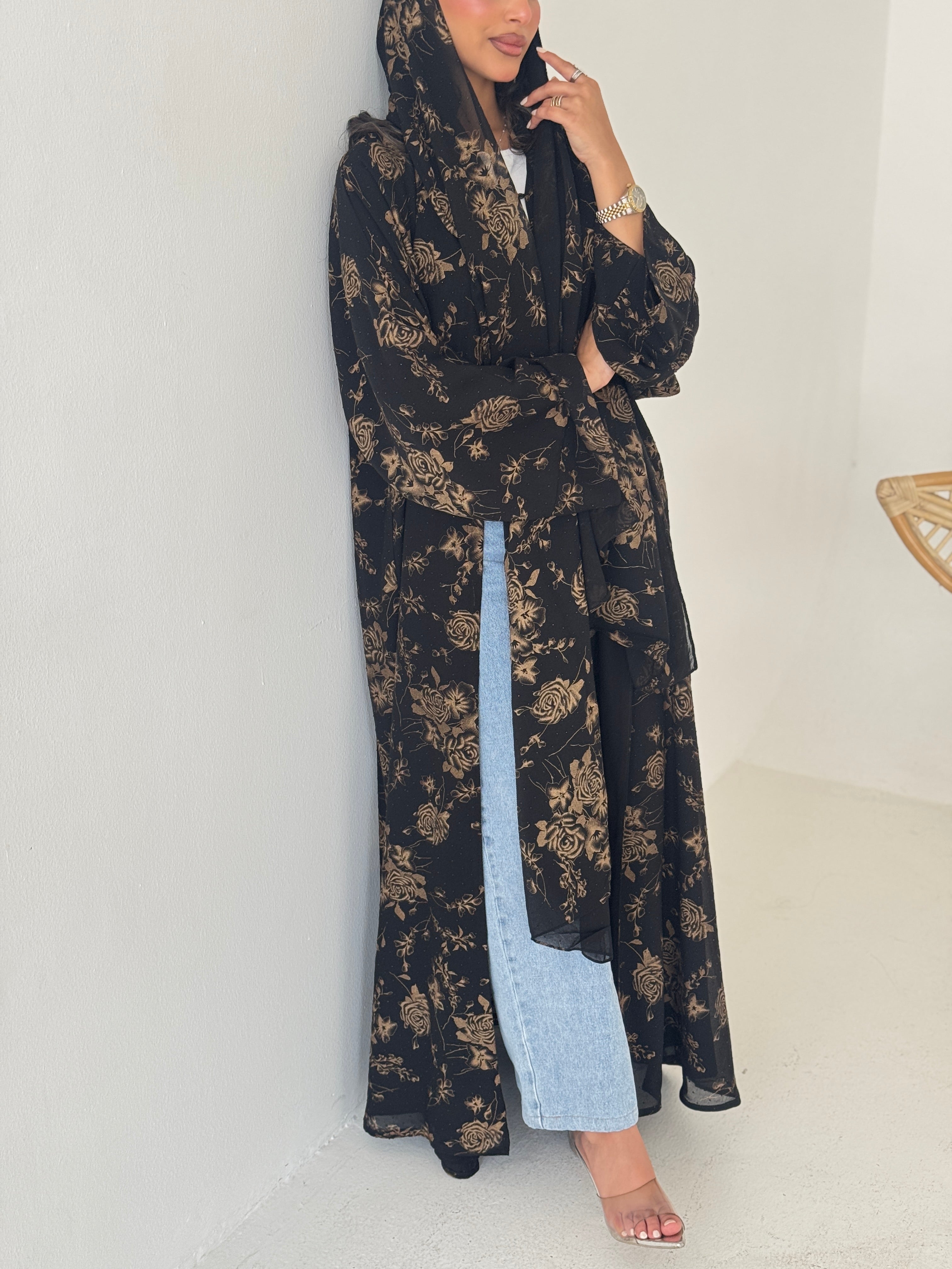 FAB204-Beige Black Chiffon Pattern Summer Abaya with headscarf