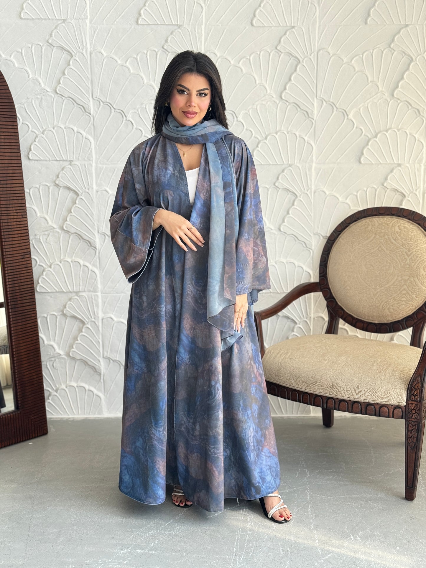 FAB240-Grey Patterned Printed Velvet A-Cut Abaya Set