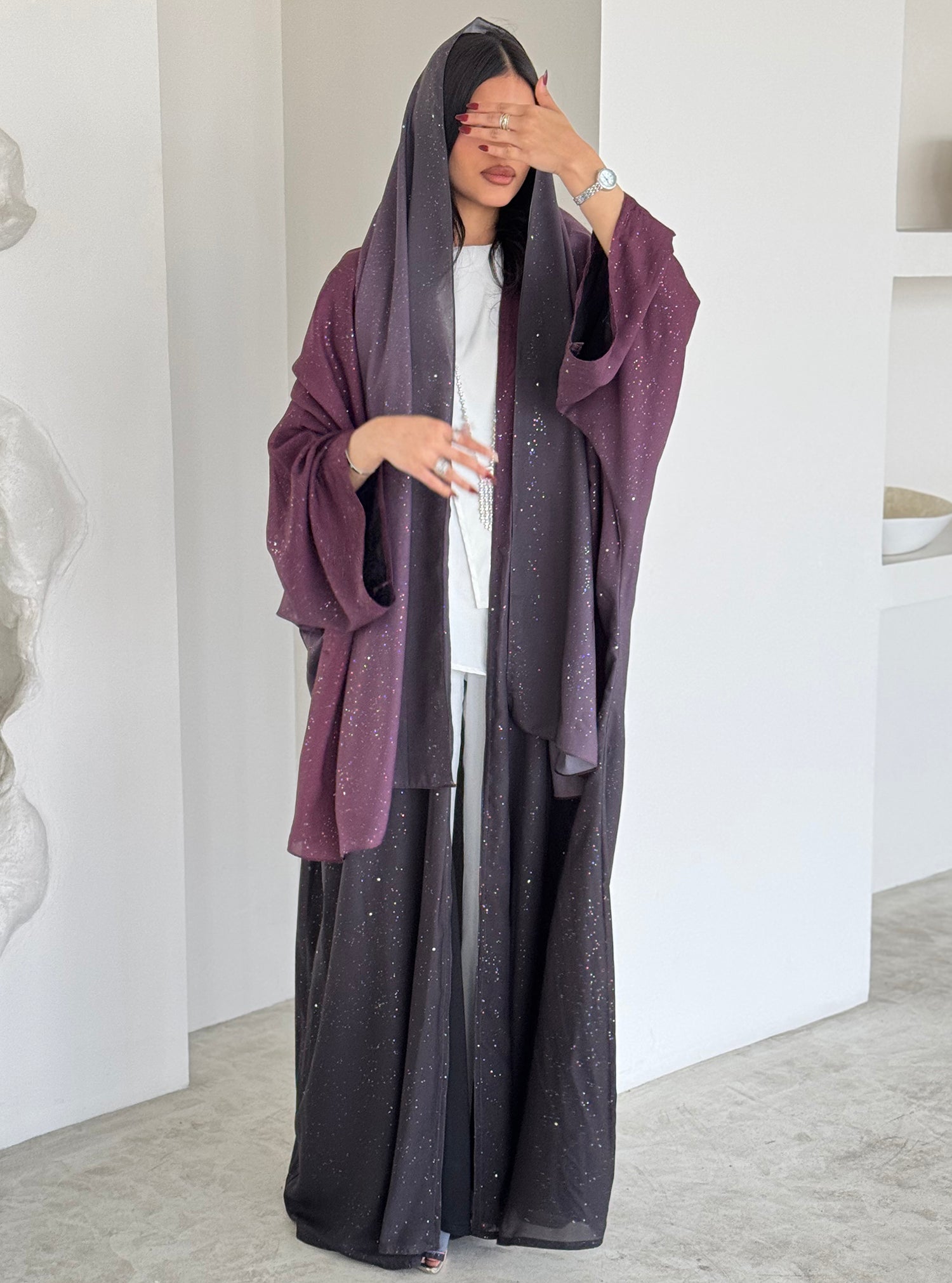FAB162- Maroon Ombre Glitter Abaya with matching headscarf