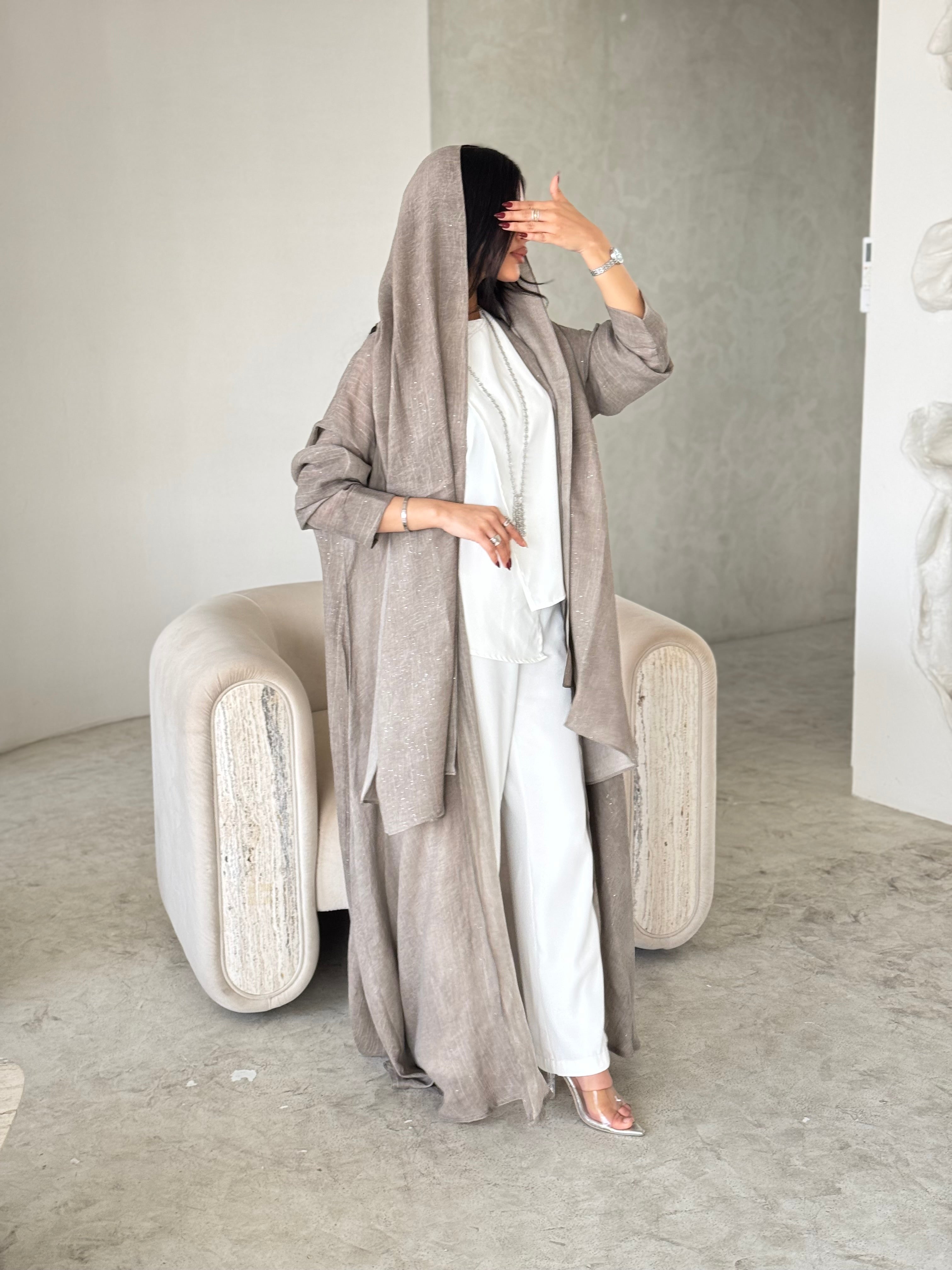 FAB168- Beige Linen Glitter A-Cut Abaya