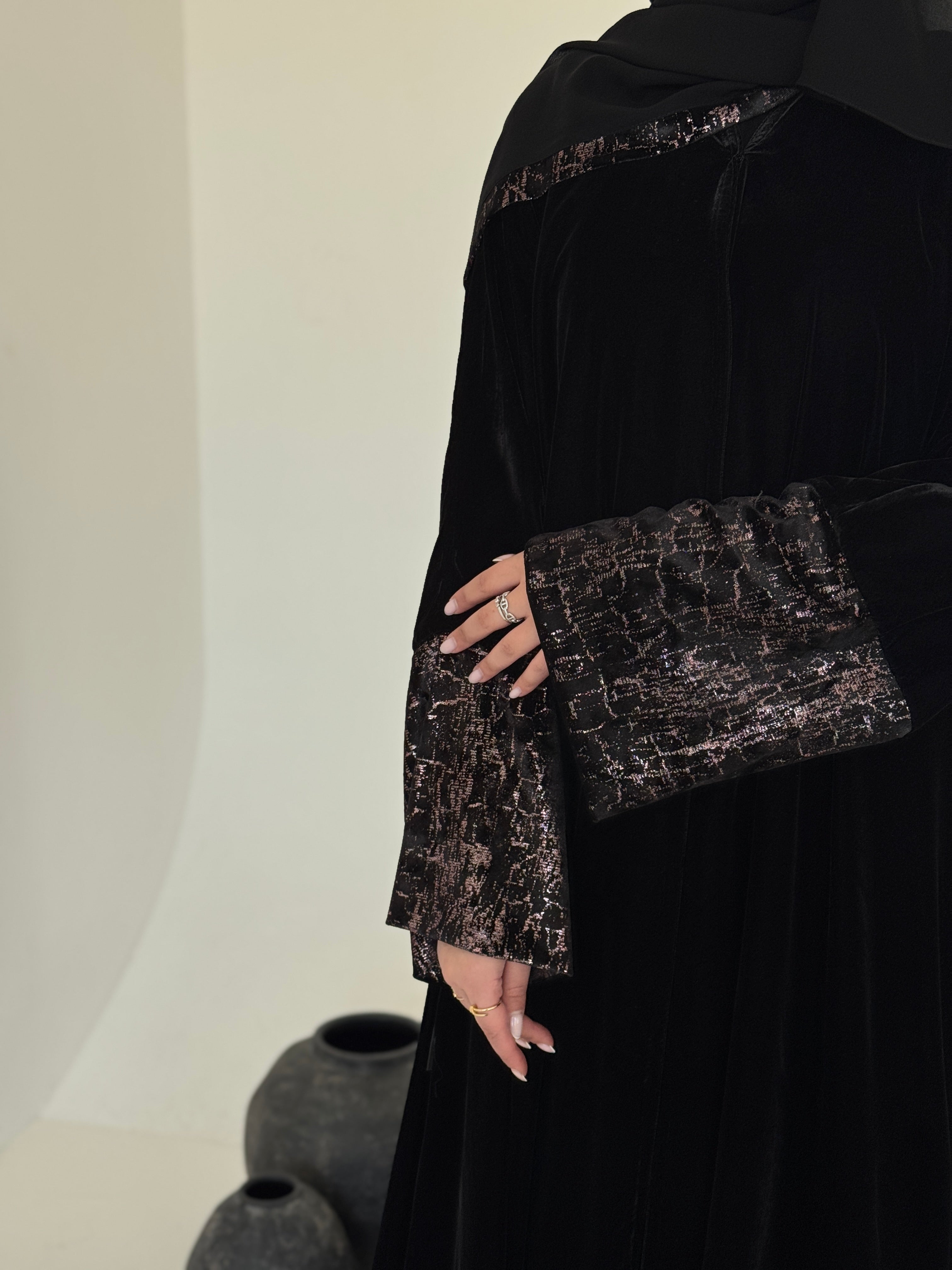 FAB245-Rose Metallic Black Velvet Abaya with Metallic pipping headscarf