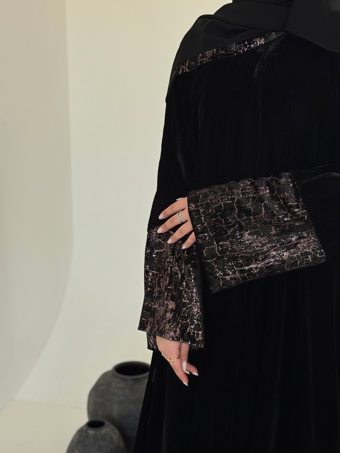 FAB245-Rose Metallic Black Velvet Abaya with Metallic pipping headscarf