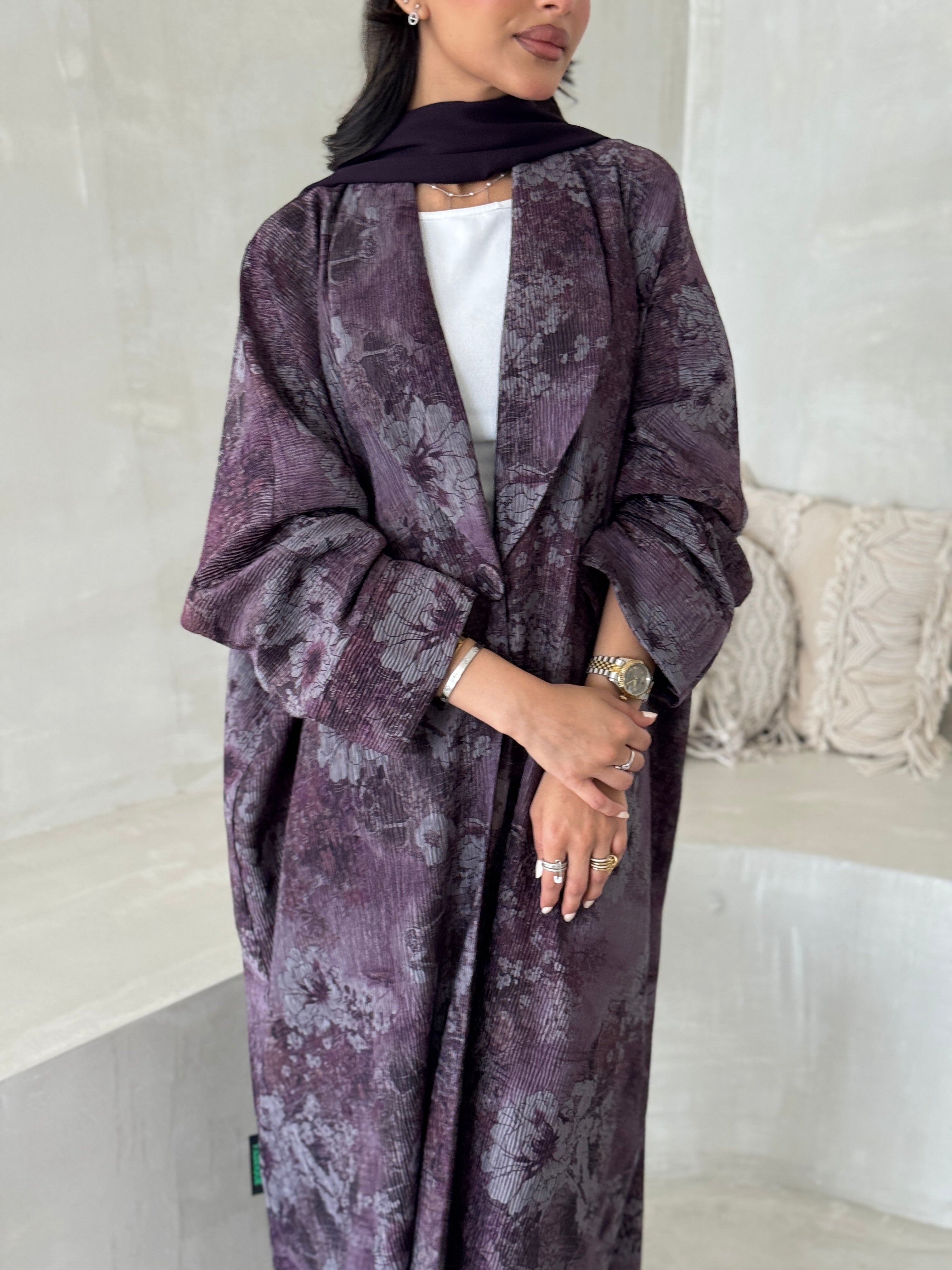 FAB200-Purple Pleats Half-Bisht Summer Abaya with matching headscarf