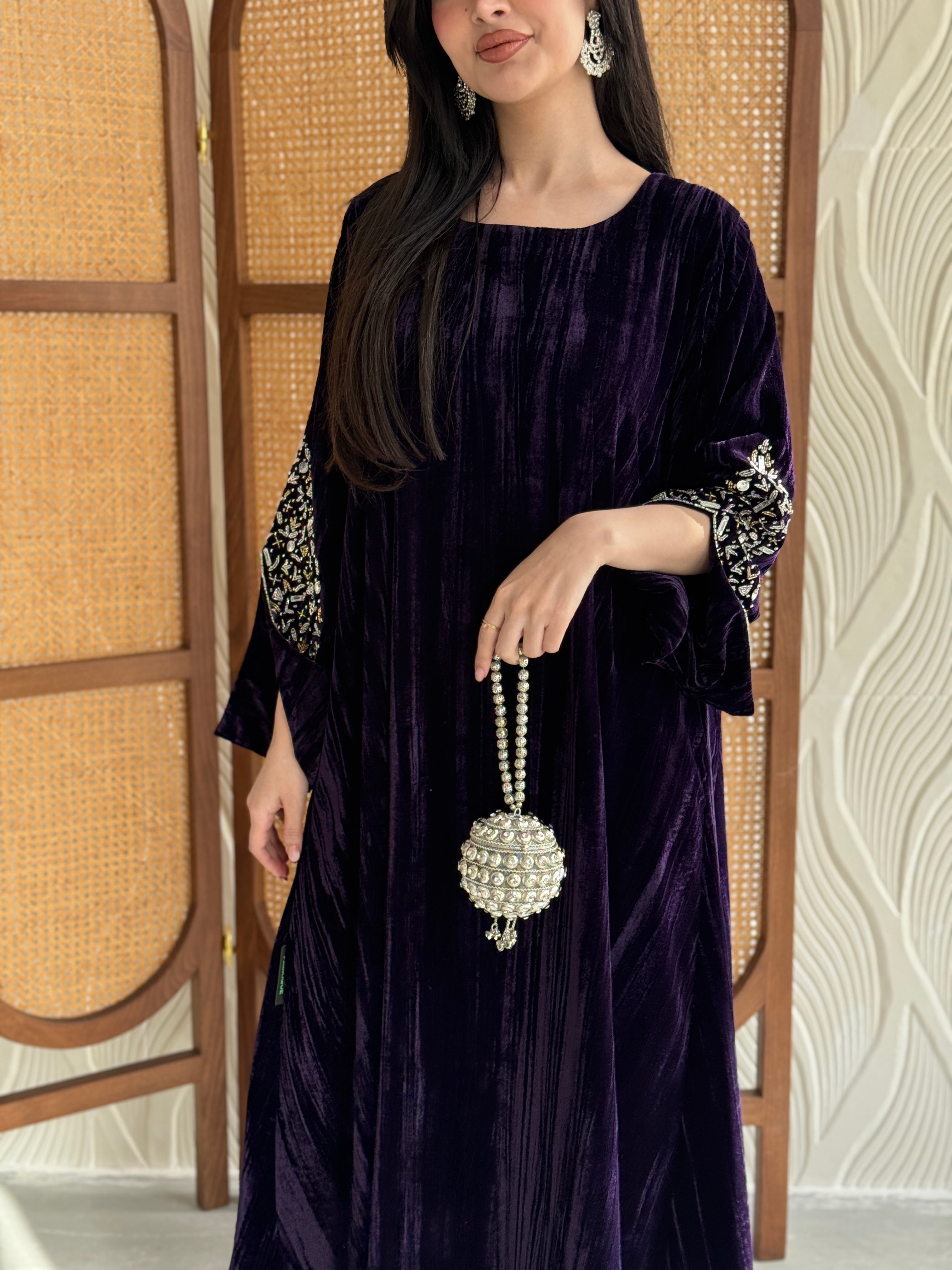 FAB250-Purple Velvet Crystals Embroidered A-Cut Jalabiya