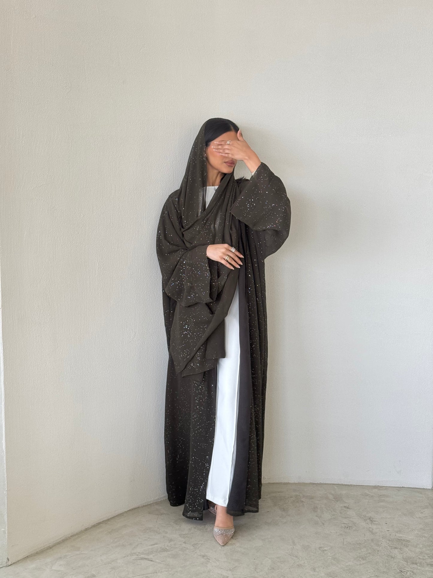 FAB183- Elegant Army Green Glitter Chiffon Abaya