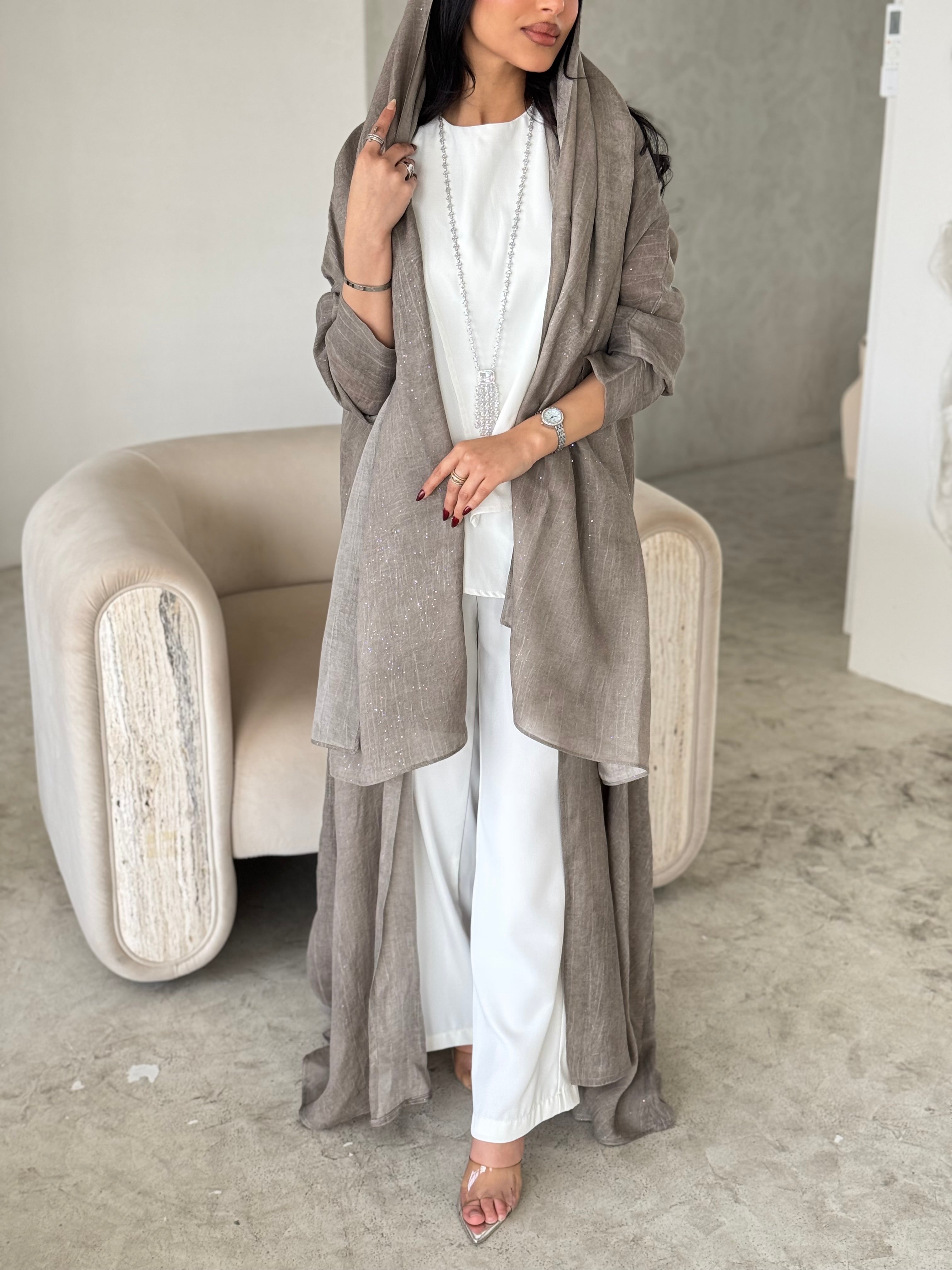 FAB168- Beige Linen Glitter A-Cut Abaya