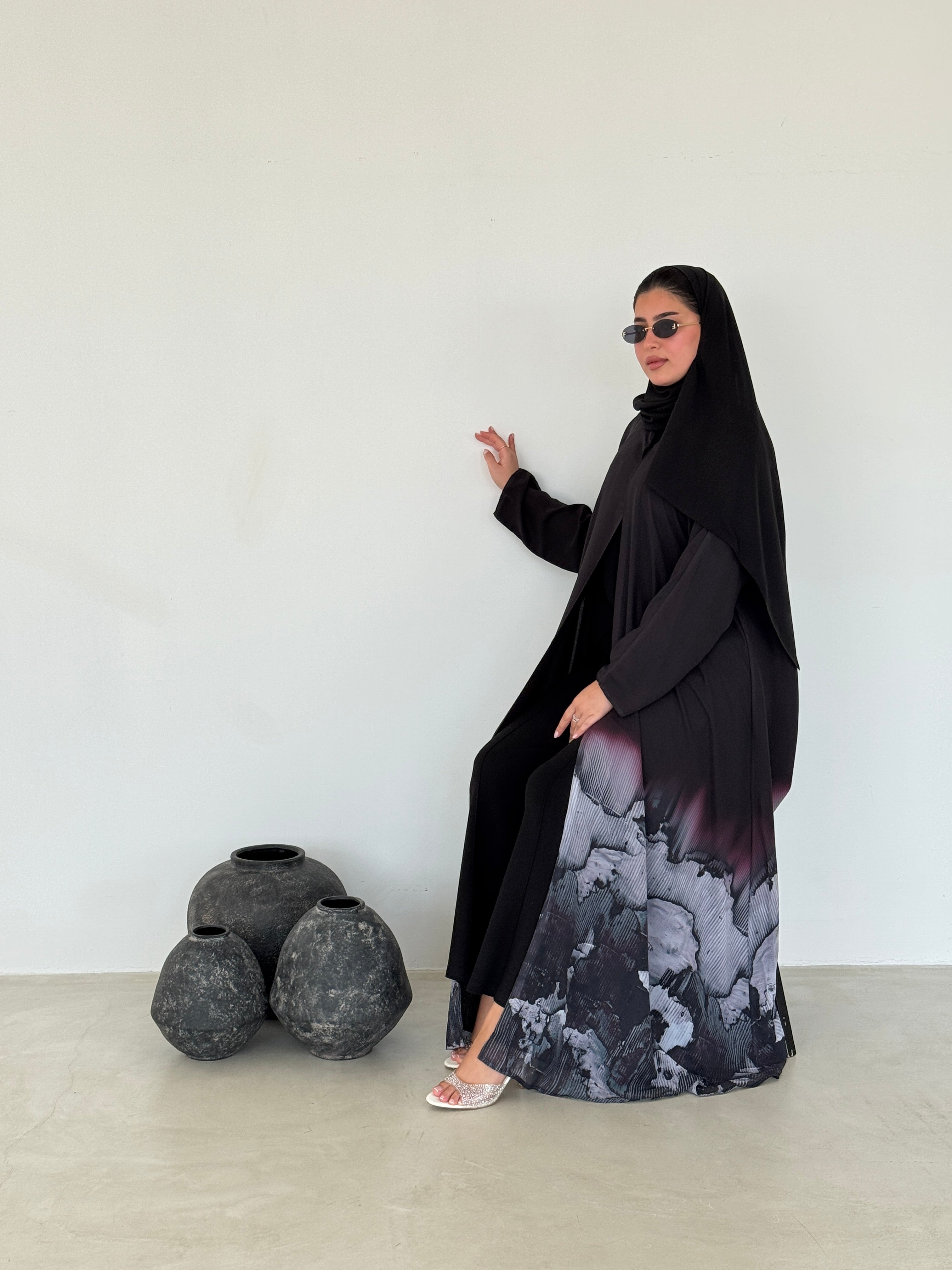 FAB209- Grey Ombre Waves print Shiffon A-cut Abaya with headscarf