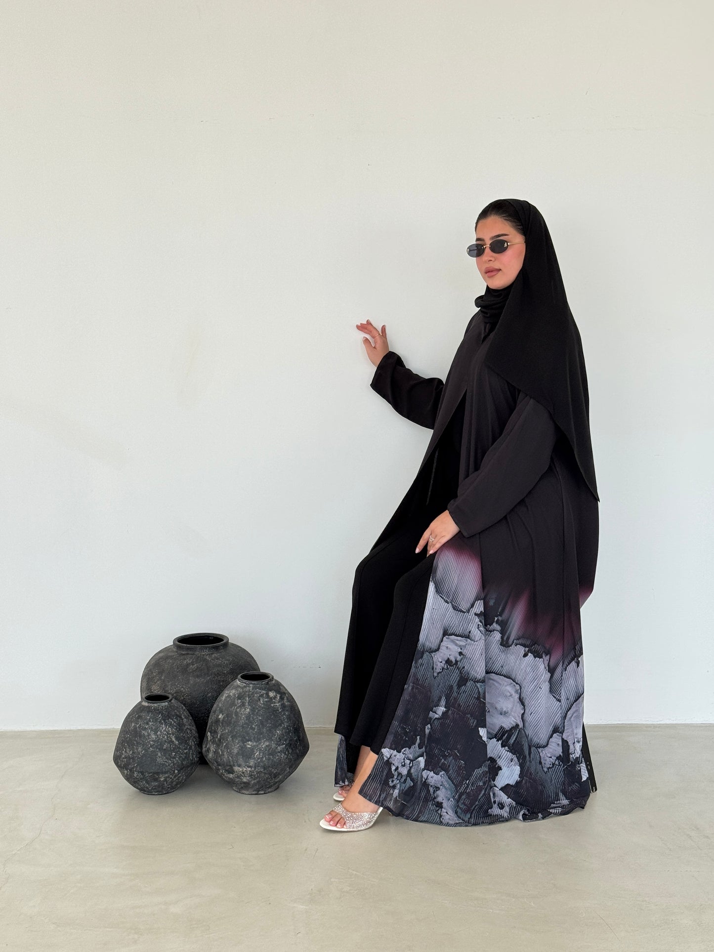 FAB209- Grey Ombre Waves print Shiffon A-cut Abaya with headscarf