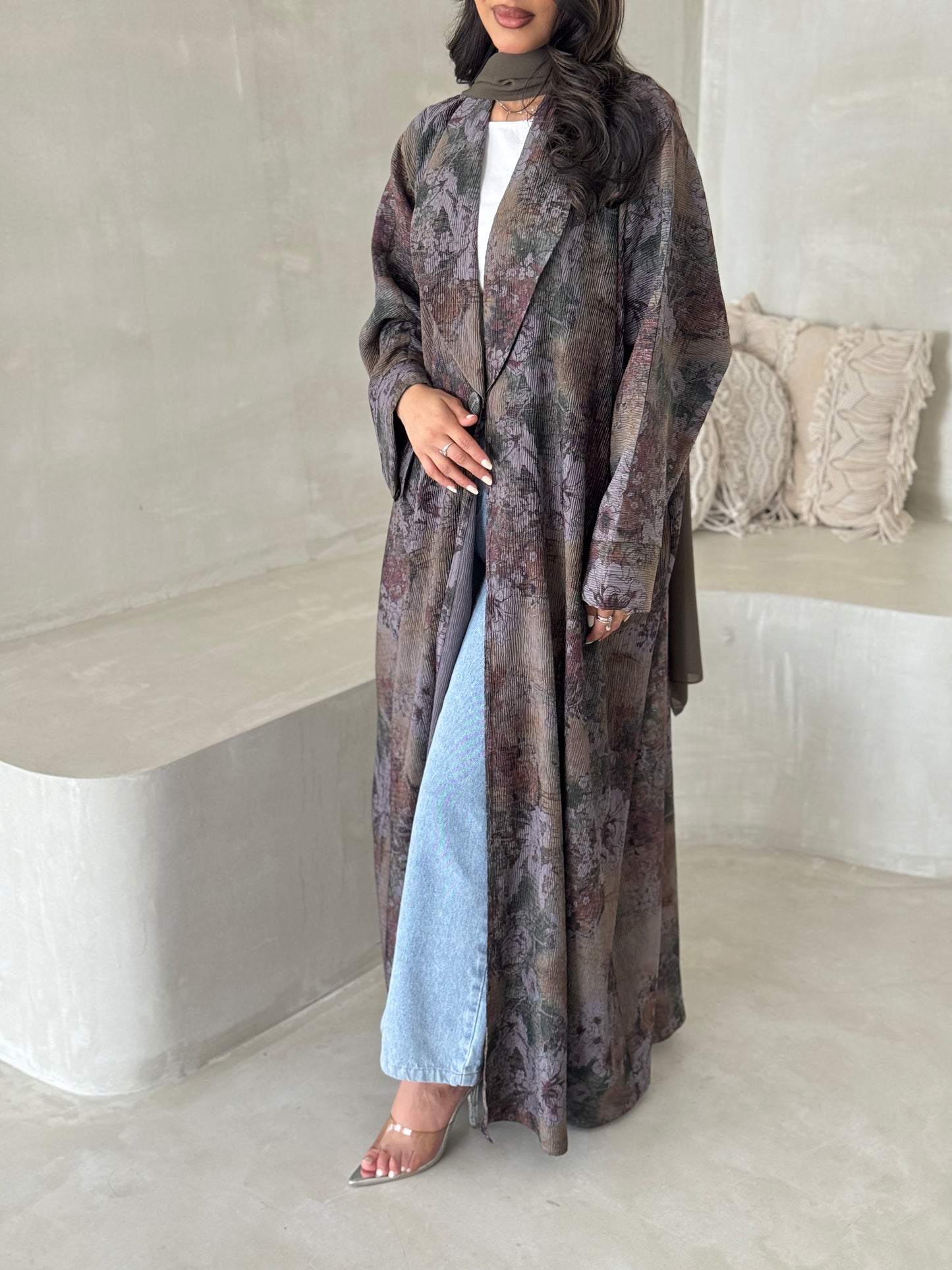 FAB201-Olive Green Grey Pleats Half-Bisht Summer Abaya with matching headscarf