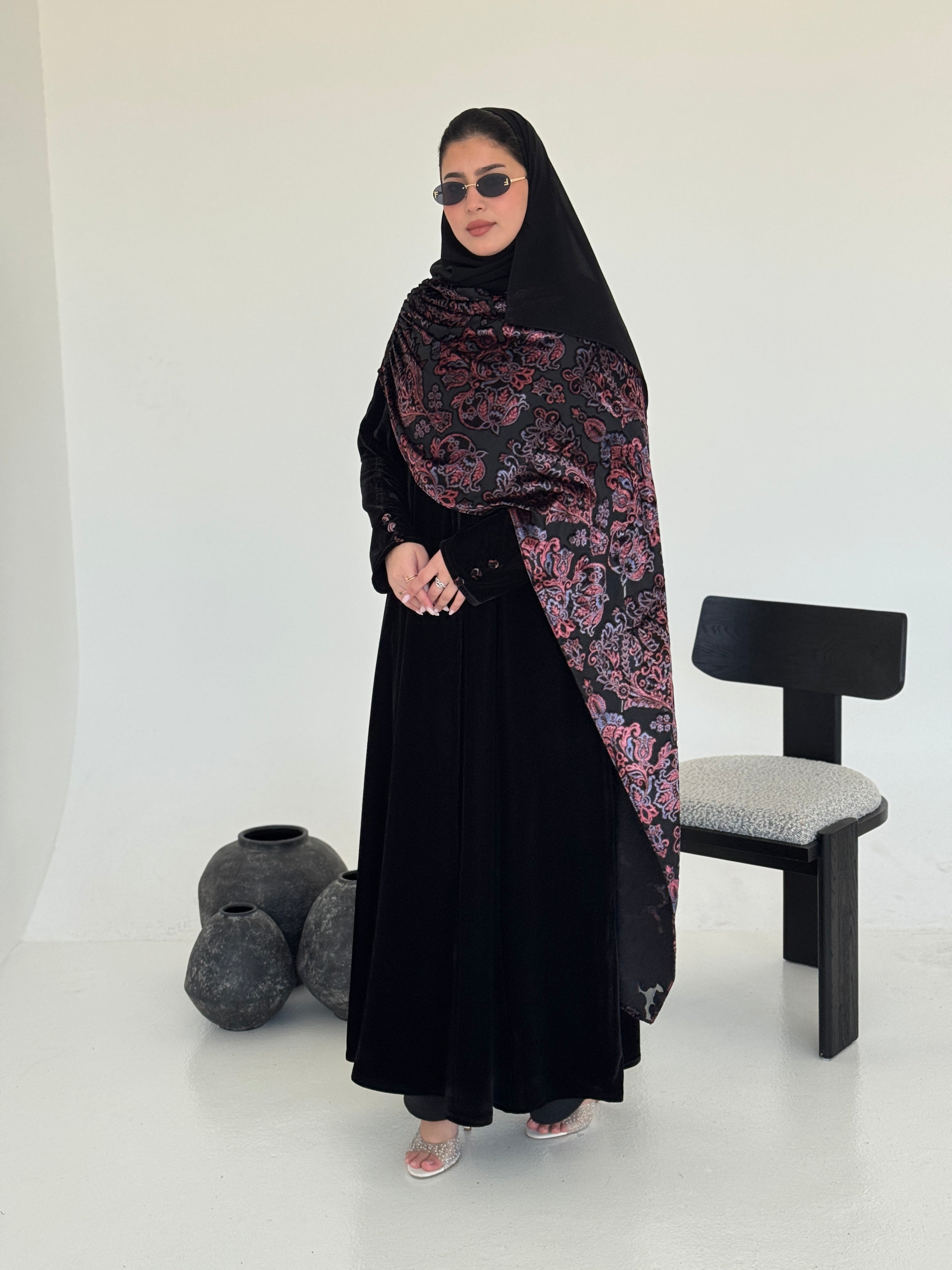 FAB229- Black Velvet Abaya with Maroon Velvet Chiffon Shawl with matching headscarf