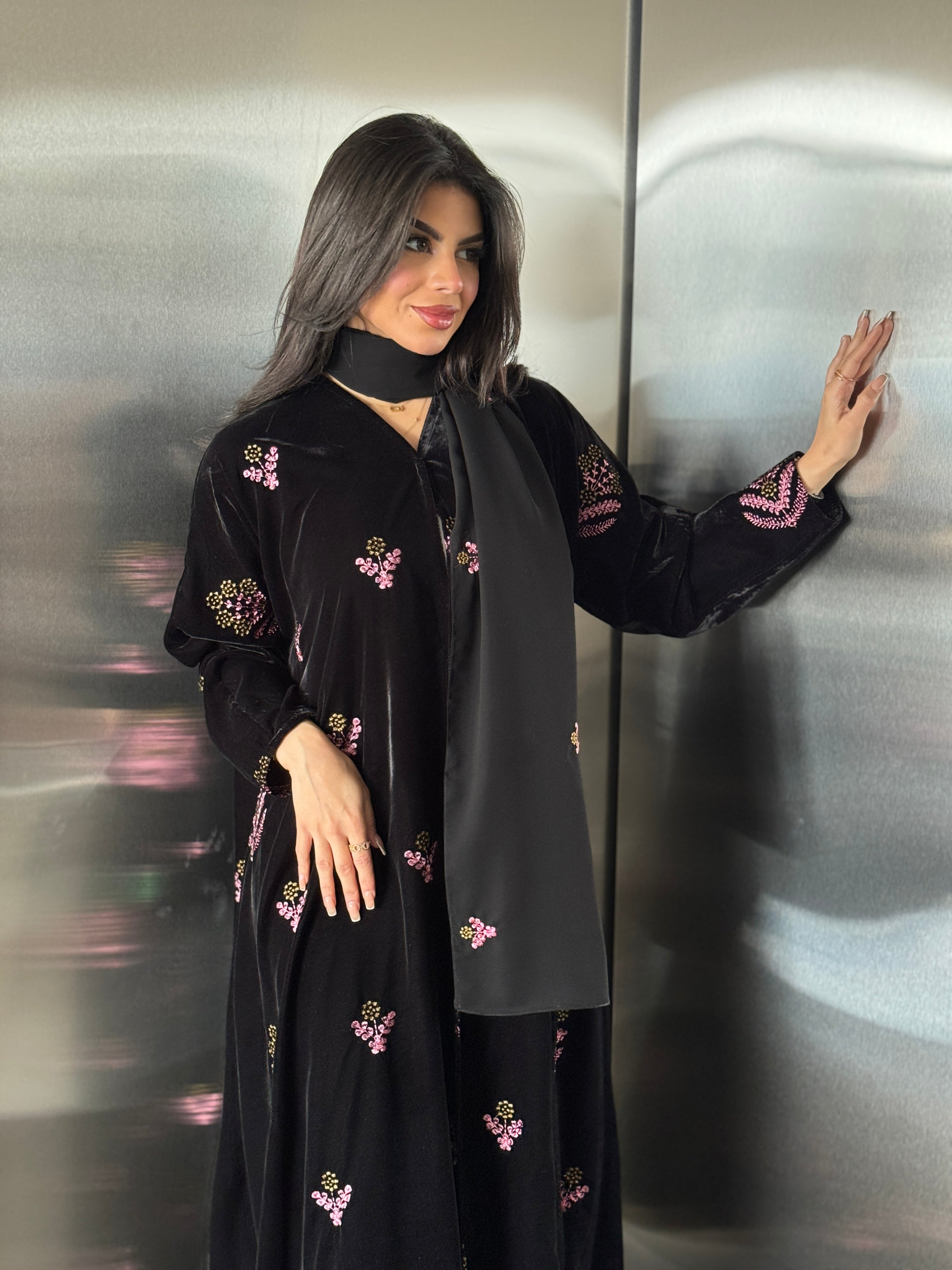 FAB248- Black Velvet with Pink Embroidery A-Cut Abaya Set