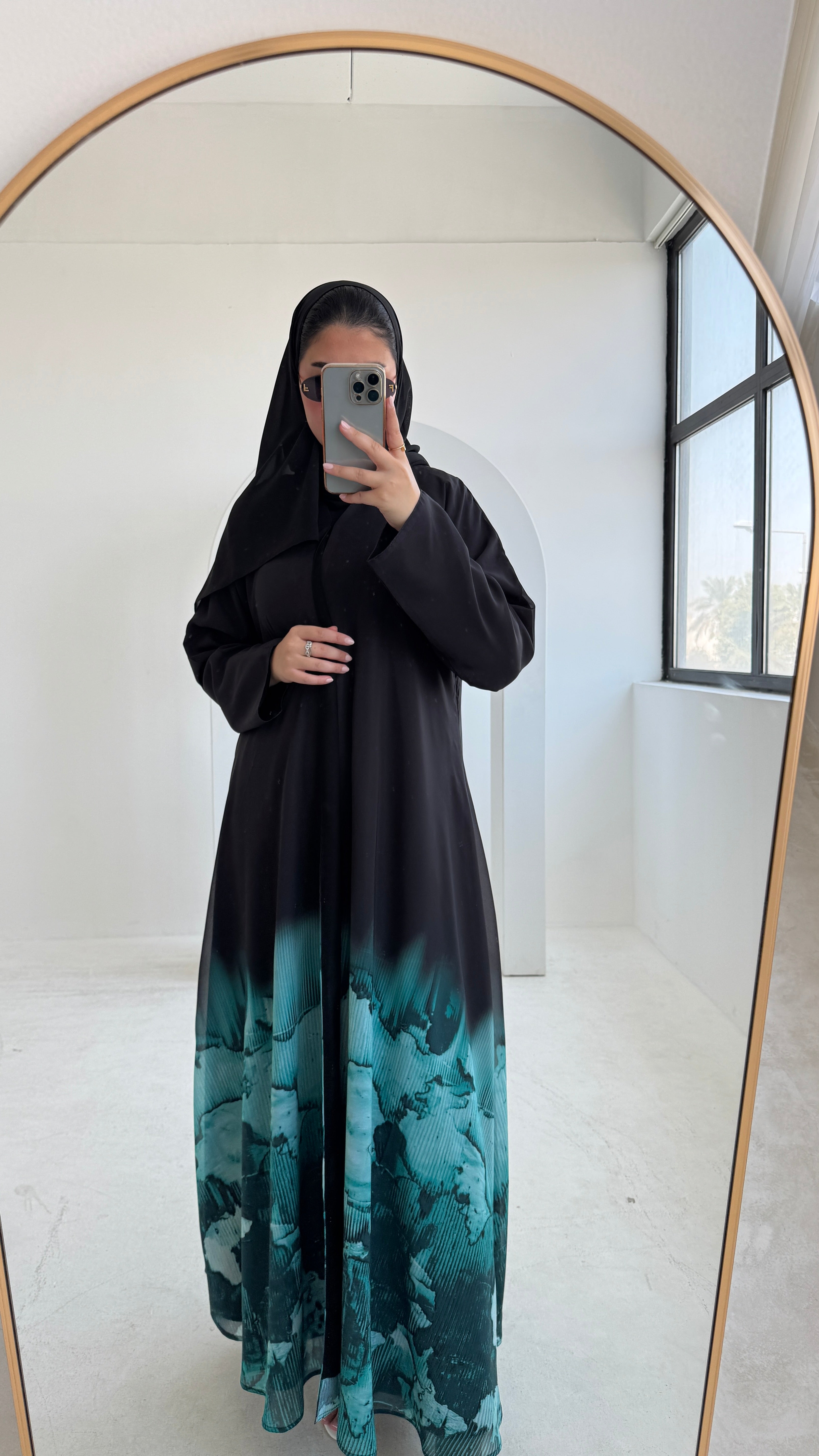 FAB210- Turquoise Ombre Waves print Shiffon A-cut Abaya with headscarf