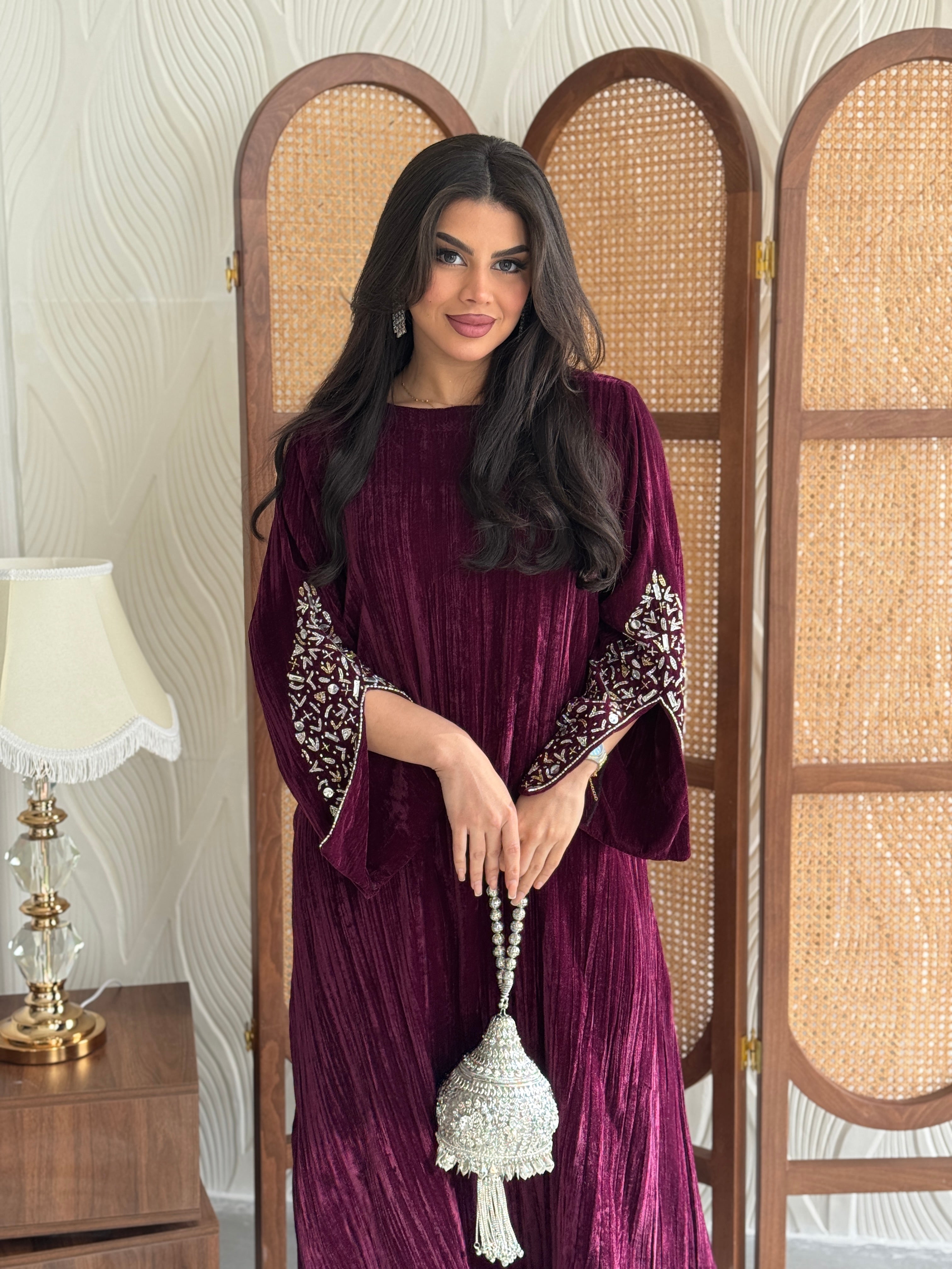 FAB249-Maroon Velvet Crystals Embroidered A-Cut Jalabiya