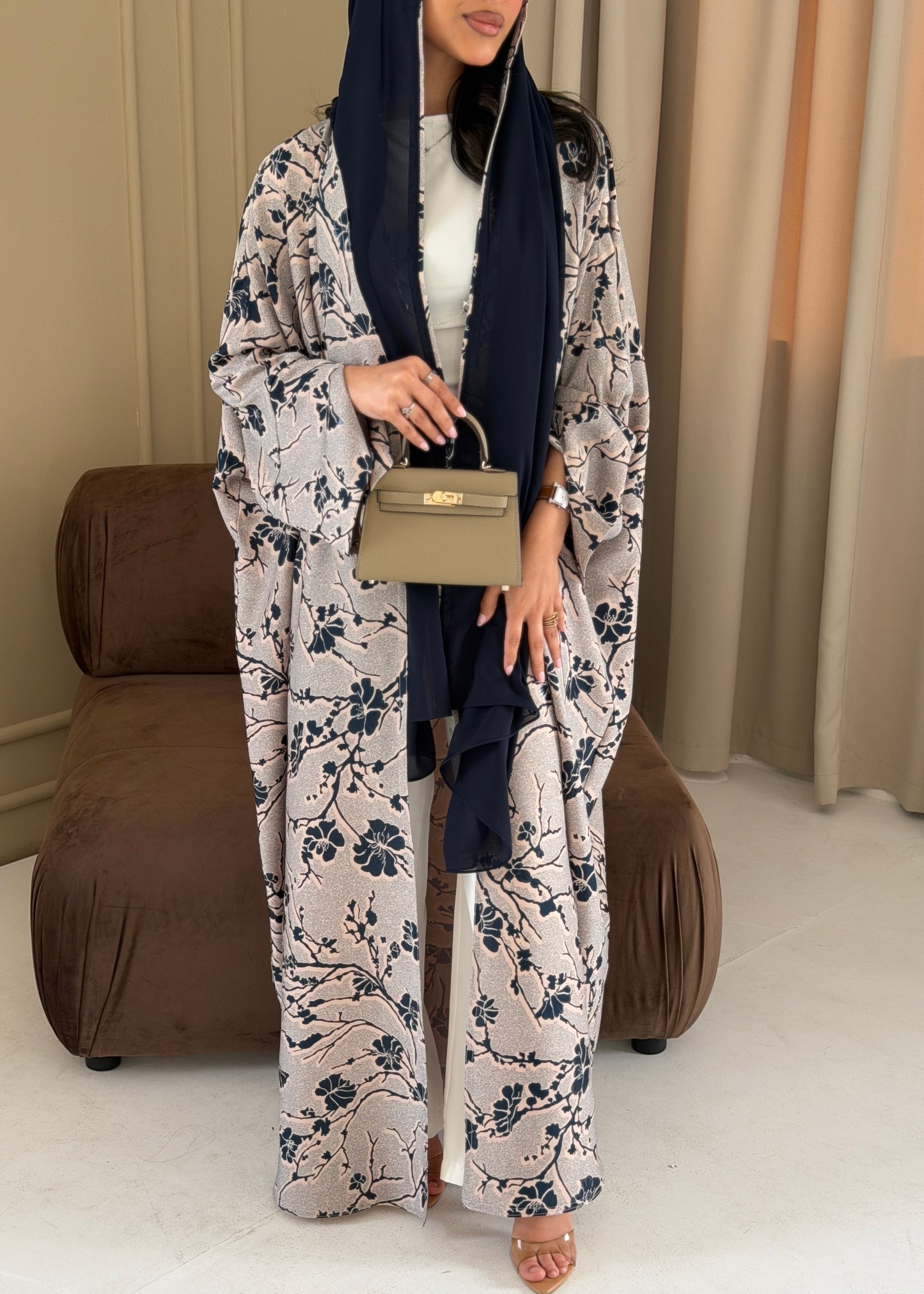 FAB285- Beige Floral Print Half Bisbt Abaya with pipping headscarf