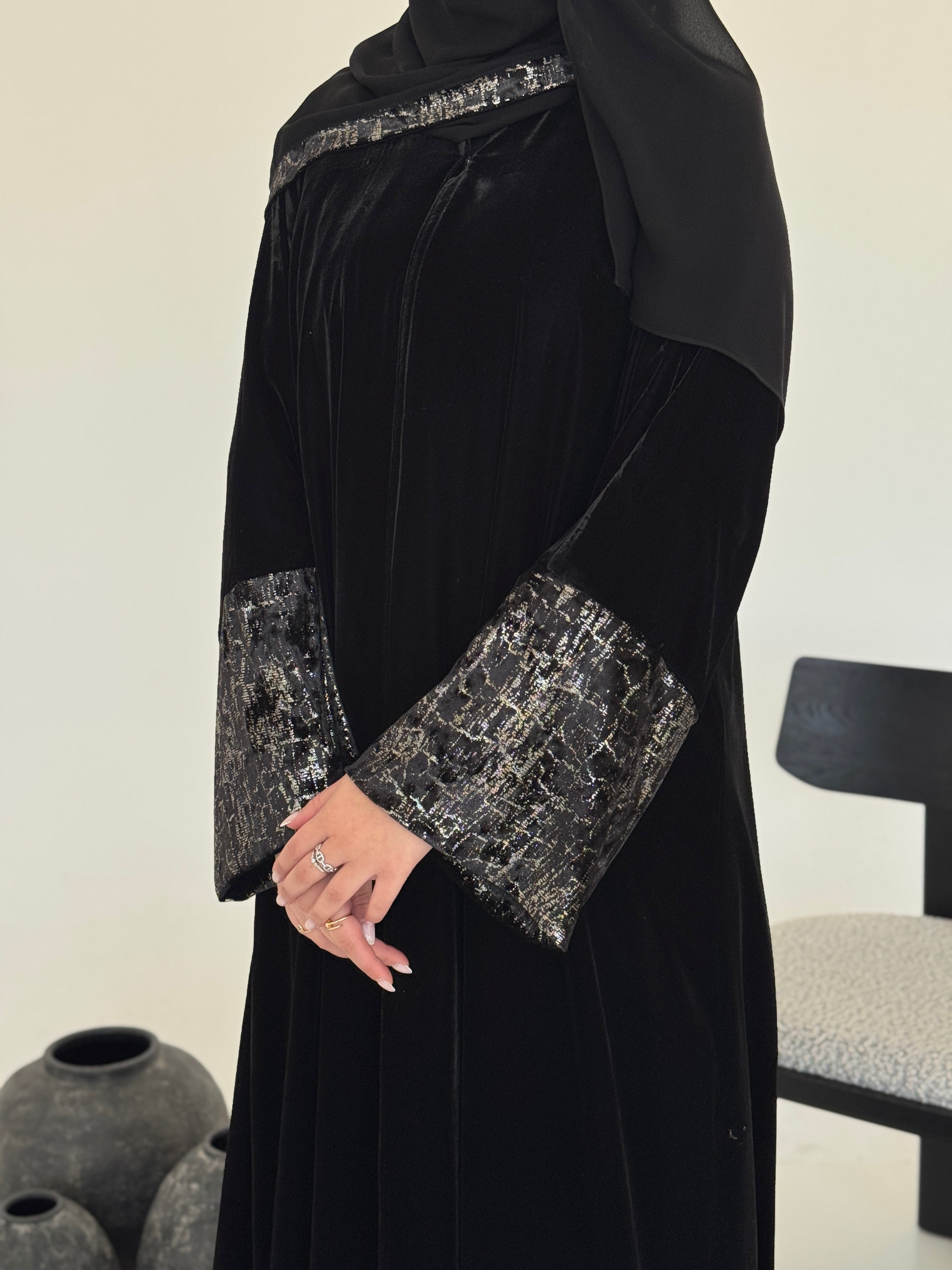 FAB244-Silver Metallic Black Velvet Abaya with Metallic pipping headscarf