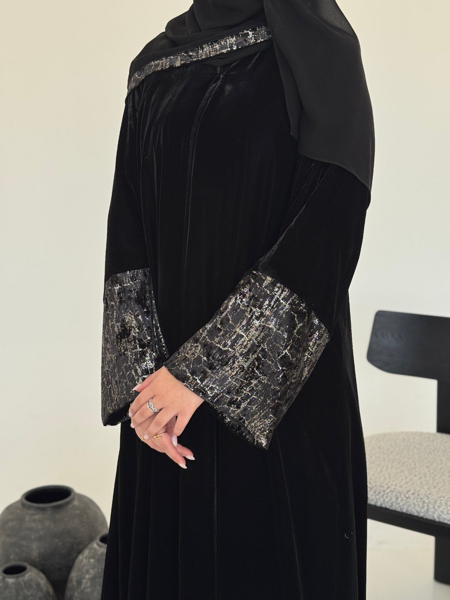 FAB244-Silver Metallic Black Velvet Abaya with Metallic pipping headscarf