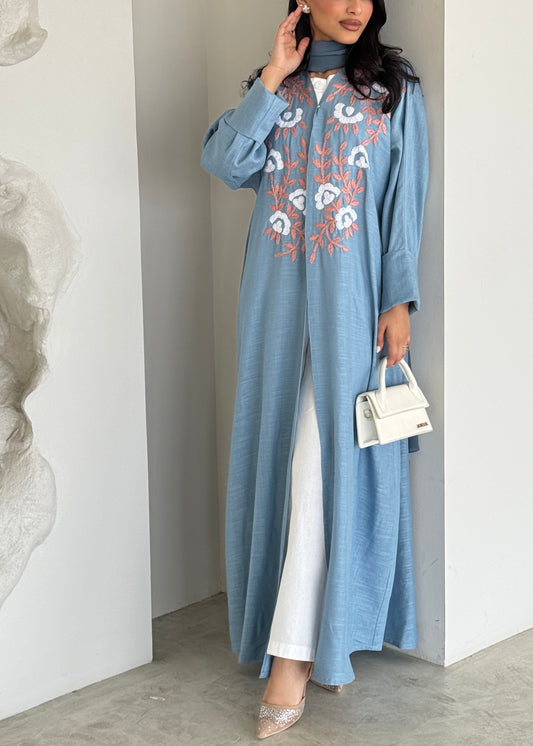 READY TO SHIP- FAB186- Blue Summer Linen - Half-bisht cut Abaya