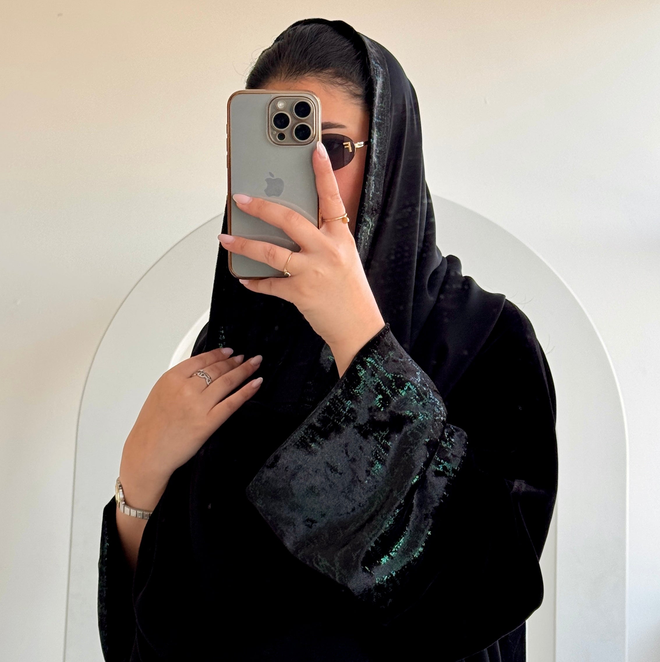 FAB246-Green Metallic Black Velvet Abaya with Metallic pipping headscarf