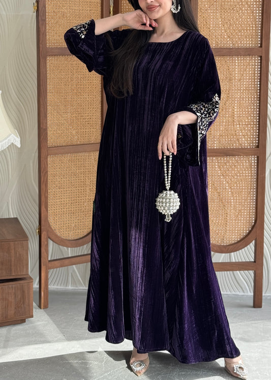 FAB250-Purple Velvet Crystals Embroidered A-Cut Jalabiya